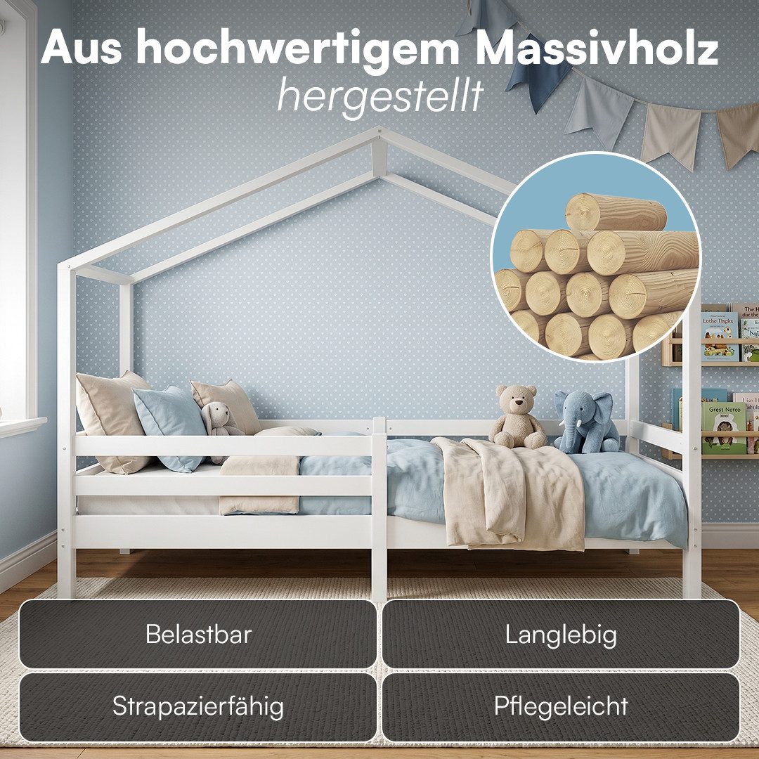 Bellabino Hausbett Abia Kinderbett mit Lattenrost und Rausfallschutz (weiß, optional mit Matratze), Kinderbett 90x200 cm, verfügbar in verschiedenen Ausführunge – Bild 4 von 5