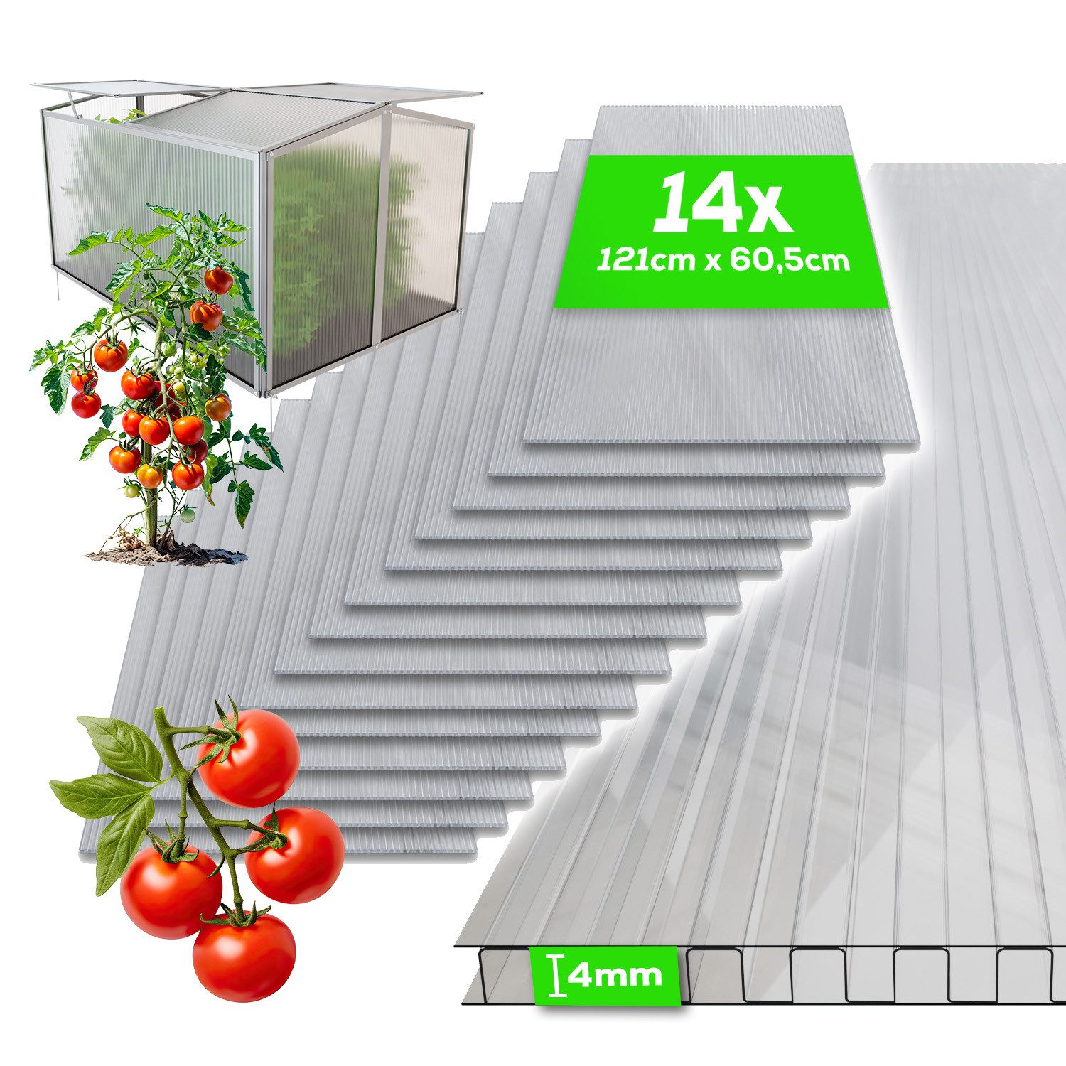 GARMIO Gewächshaus Hohlkammerstegplatten ACRI 4mm, Ersatz Gewächshausplatten 10,25m, Set aus 14 Platten, Polycarbonat transparent, UV-beständig