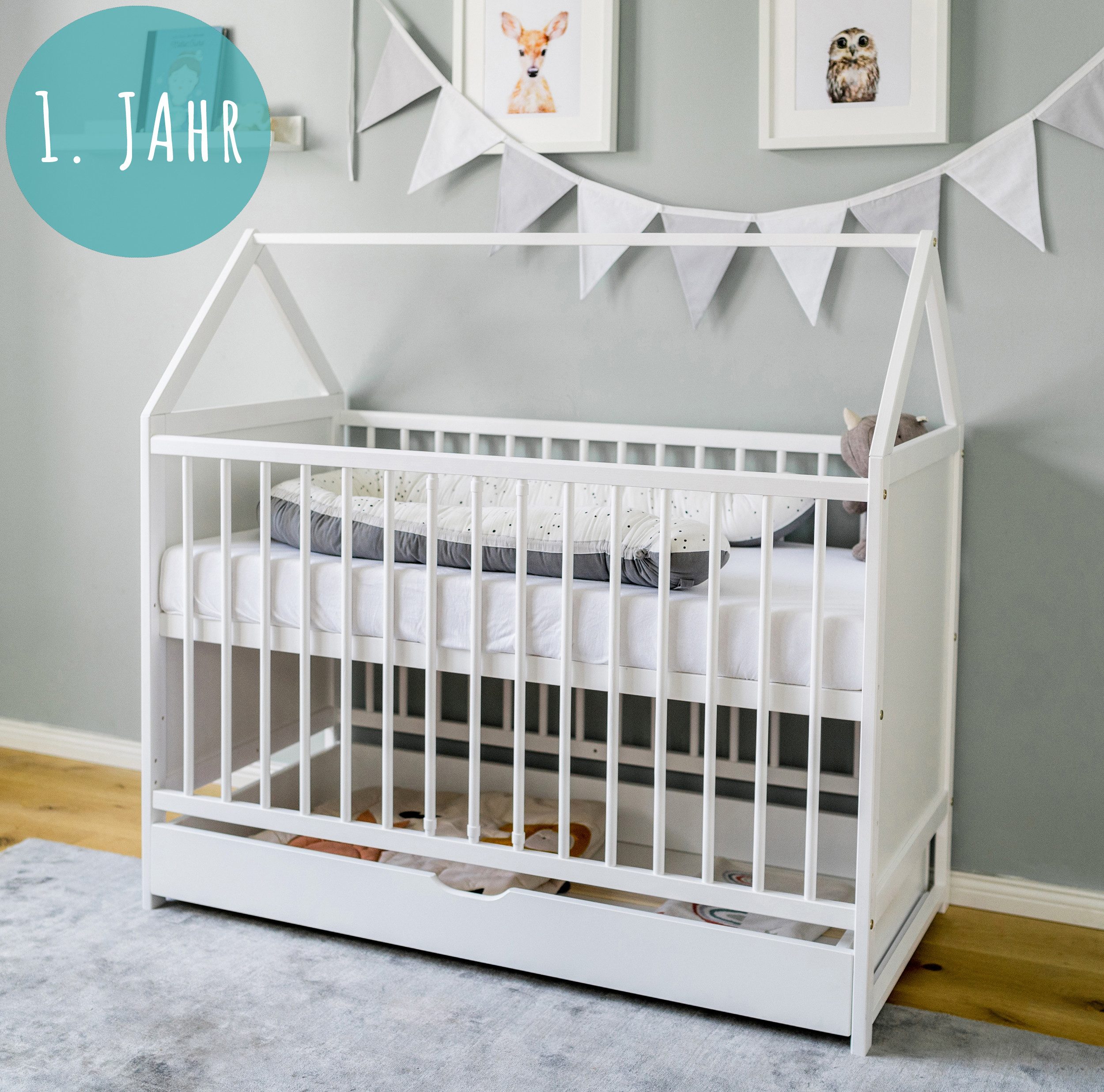 Kids Collective Babybett Beistellbett Kinderbett und Hausbett in einem mit Schublade, vielfältig umbaubar zu Juniorbett, viel Stauraum, mit Matratze