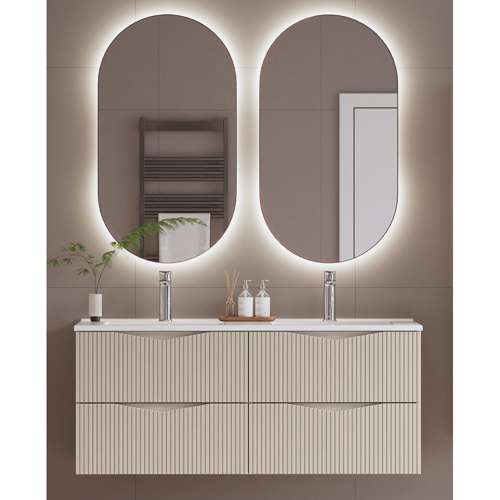 Lomadox Badmöbel-Set CALURI-140, (Spar-Set, 3-St., LED-Spiegel Doppelwaschtisch), in beige mit gerillter Front, grifflos, wandhängend