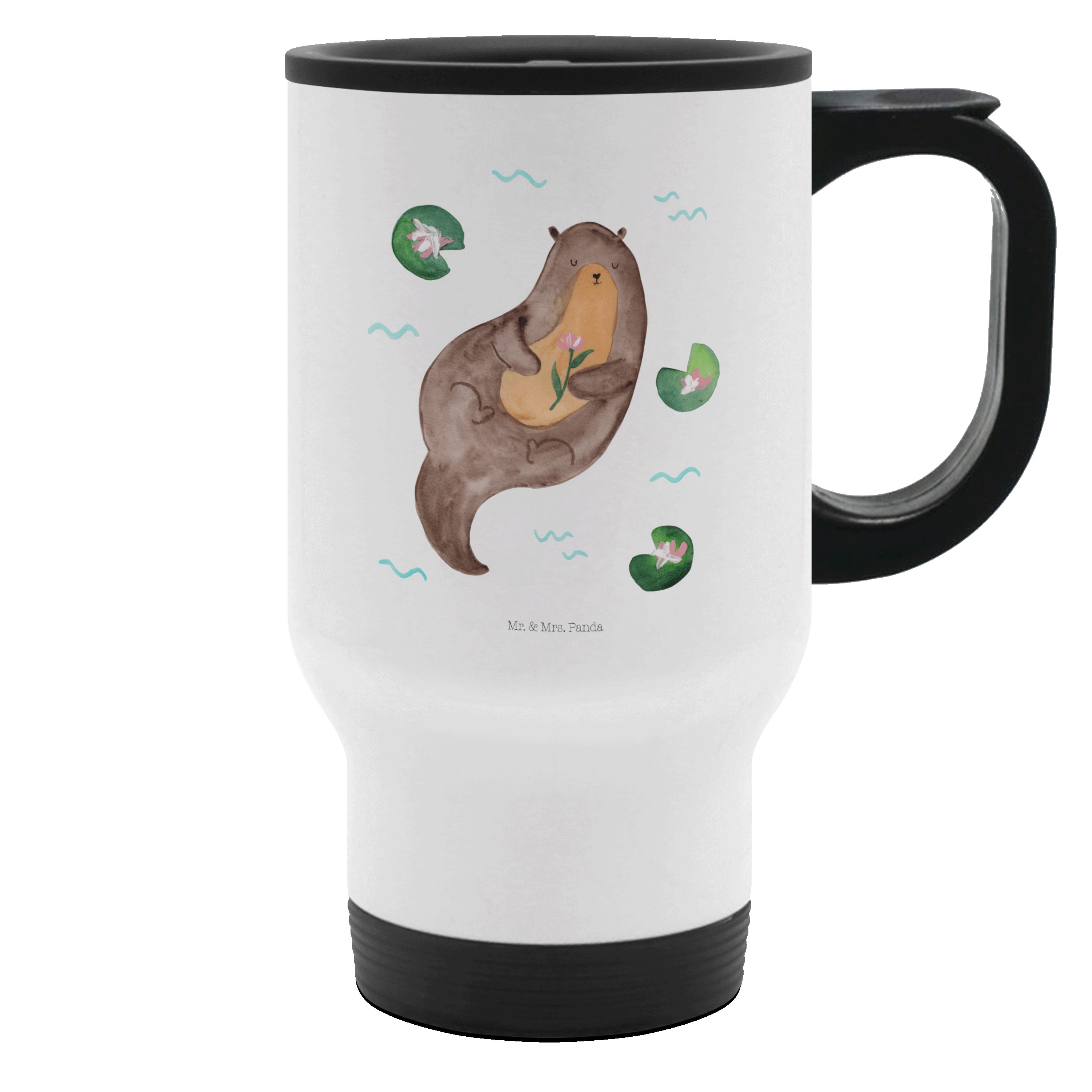 Mr. & Mrs. Panda Thermobecher Otter mit Seerose - Weiß - Geschenk, Reisebecher, Seeotter, Otter See, Edelstahl