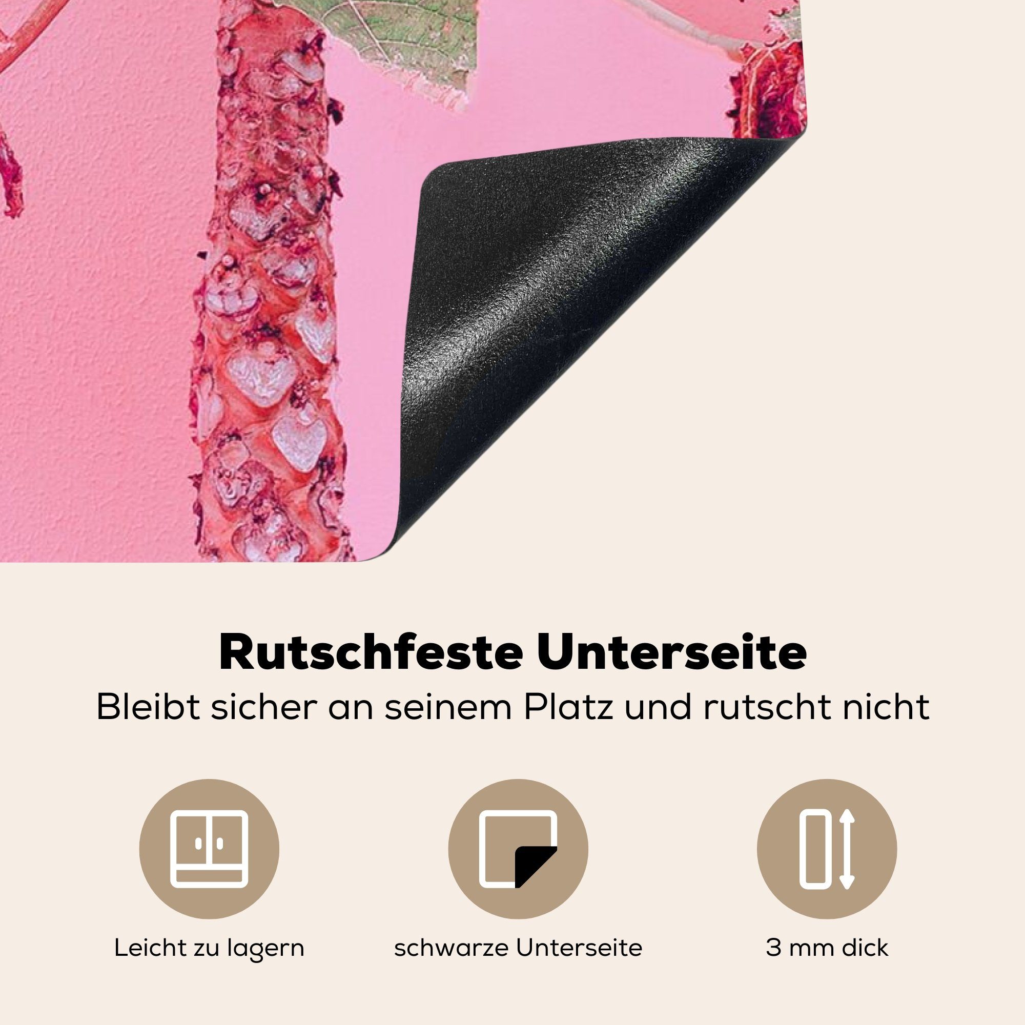 - Herdblende-/Abdeckplatte Vinyl, tlg), (1 Sommer, Ceranfeldabdeckung, Palme - für 81x52 MuchoWow küche cm, Arbeitsplatte Tropisch - Rosa