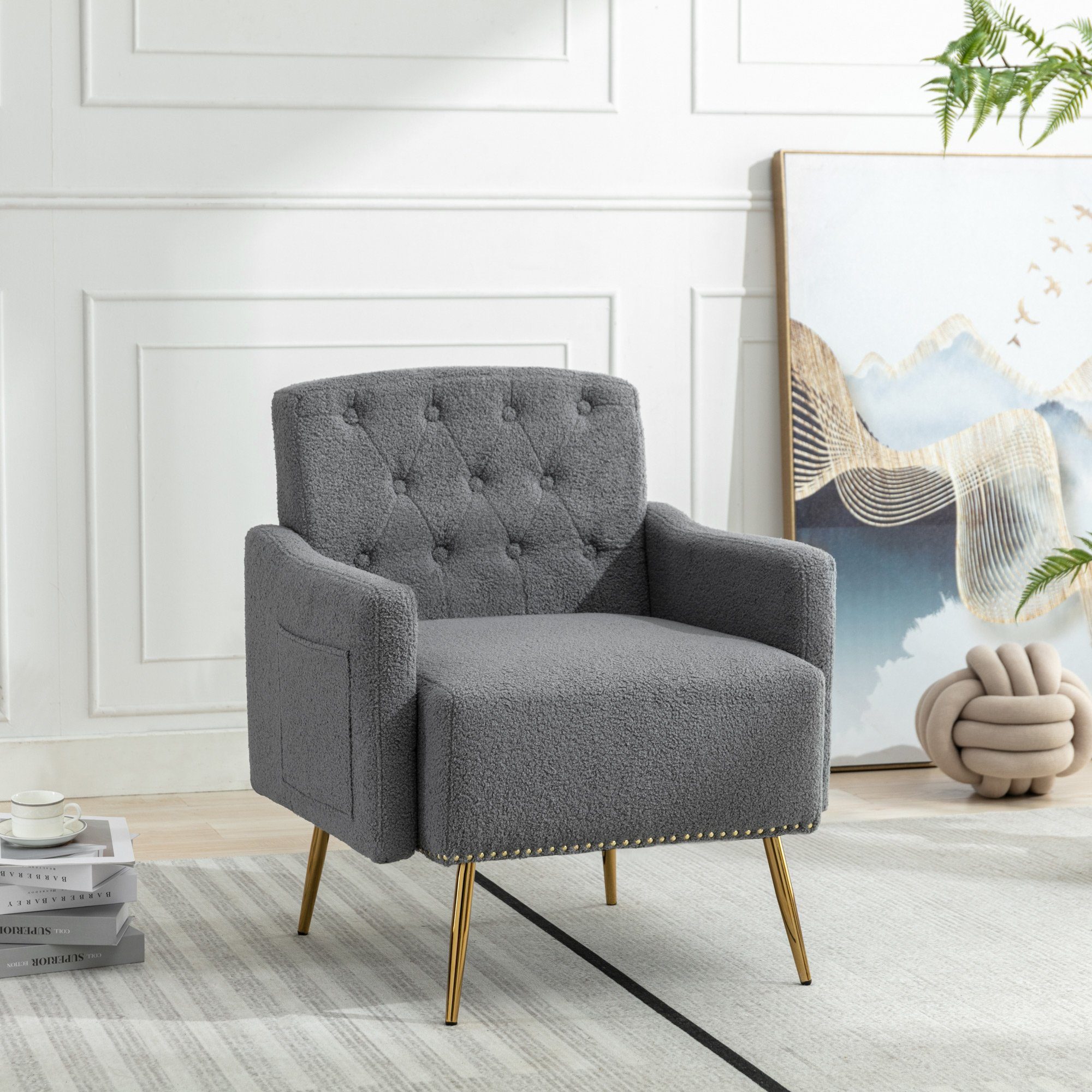 Sessel, Entspannen (Wohnzimmerstuhl, oder Sessel Lesen Relaxstuhl, REDOM grau Teddy-Samt-Stuhl), zum Relaxsessel, goldene Reißverschluss-Design, geeignet Metallbeine, bequemer mit Teddy-Samt-Freizeitsessel