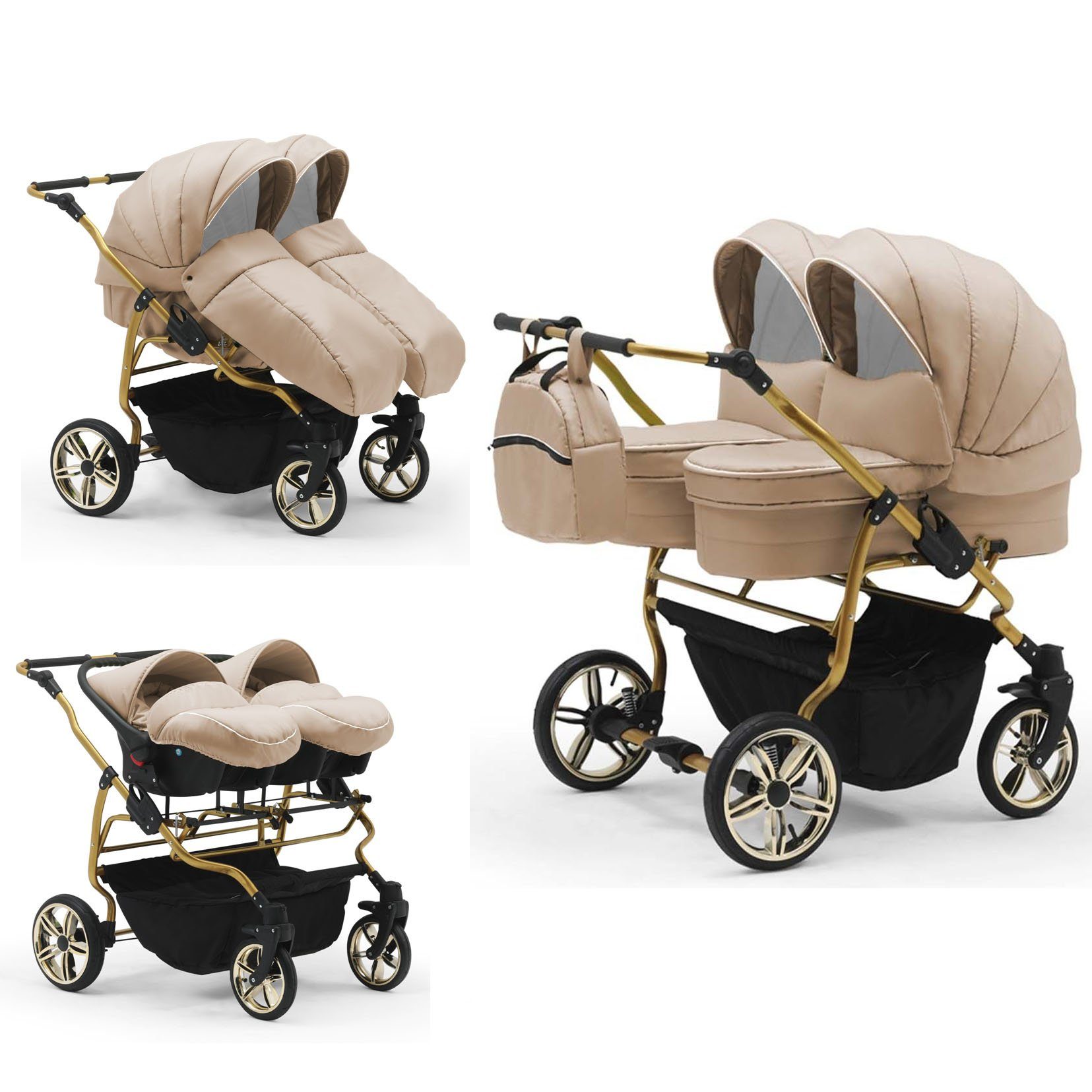babies-on-wheels Zwillingswagen Duet Lux Gold 3 in 1 inkl. Autositze - 13 Teile - in 33 Farben Beige