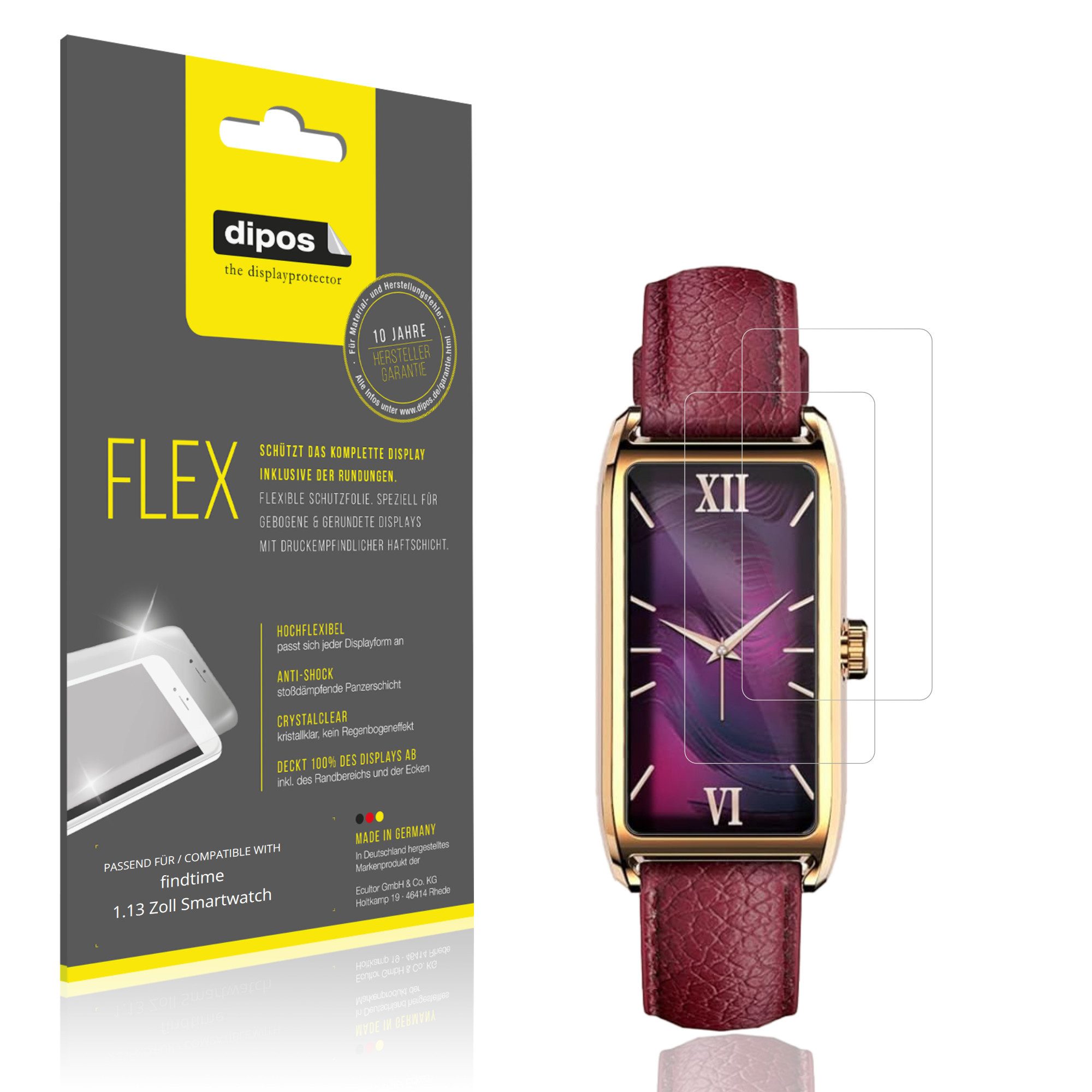 dipos Displayschutzfolie Schutzfolie für findtime 1.13 Zoll Smartwatch, 2 Stück, Displayschutz Schutz Folie Made in Germany