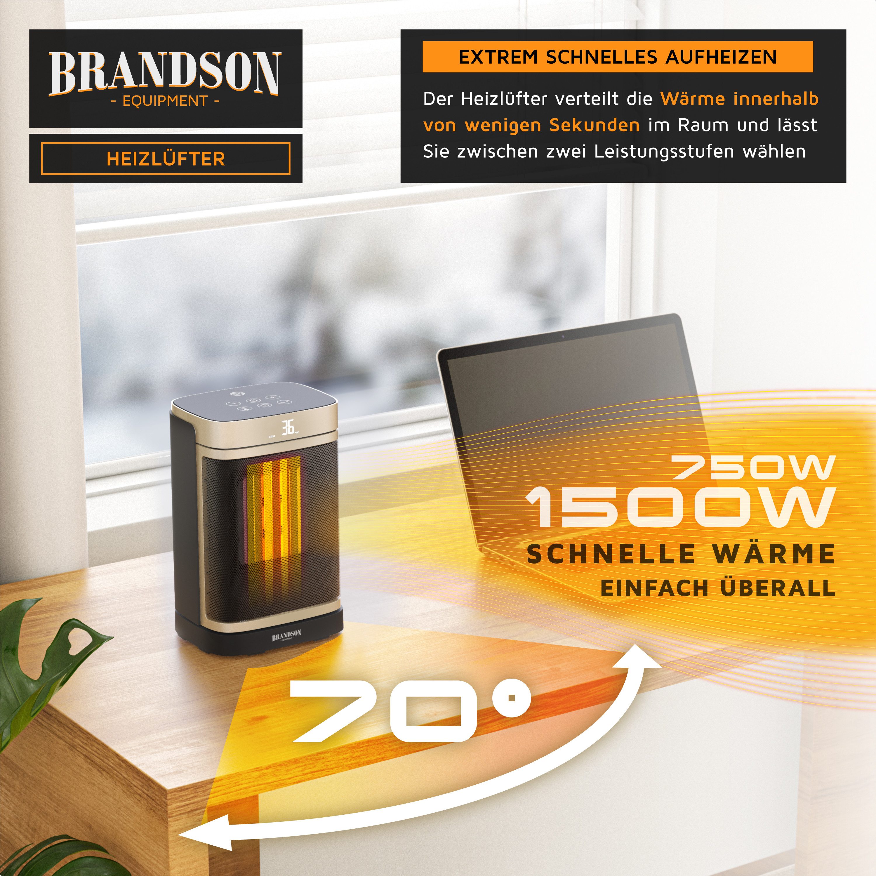 Brandson Heizlüfter Keramik Heizgerät, Oszillation, Timer, Fernbedienung, kompakt, 1500 W, Preisträger 2025, GS zertifiziert, Thermostat, Überhitzungsschutz
