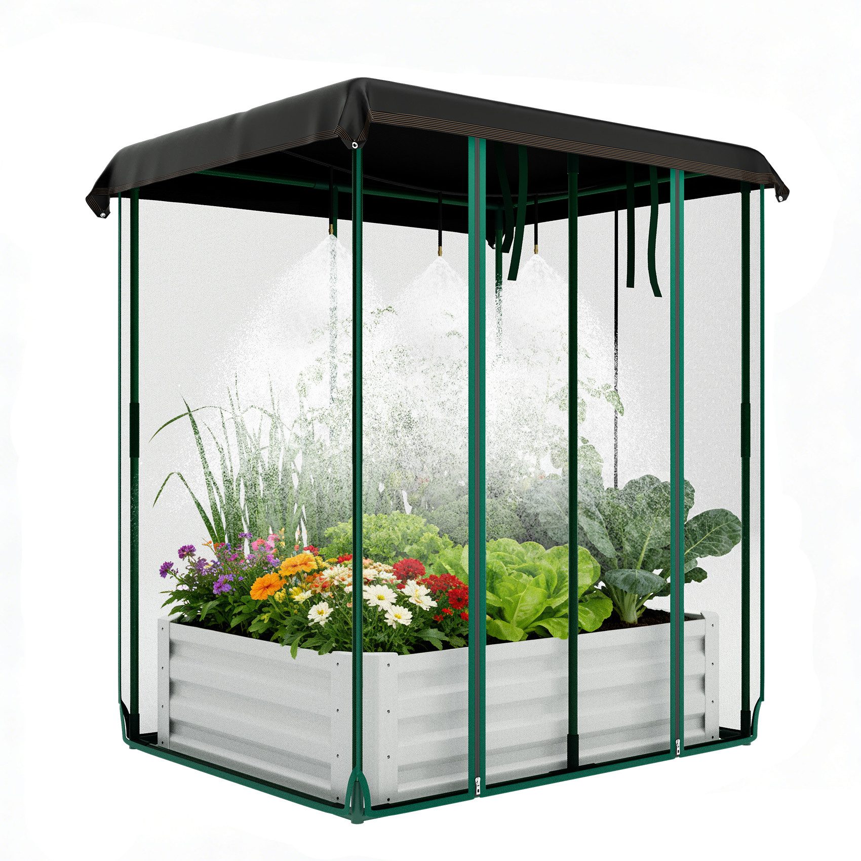 GarveeMore Hochbeet mit Insektenschutznetz und Bewässerung, Blumen, 120 x 90 x 150 cm, farbgelb beschichteter Stahl 0,6 mm, mit Rolladen an beiden Seiten