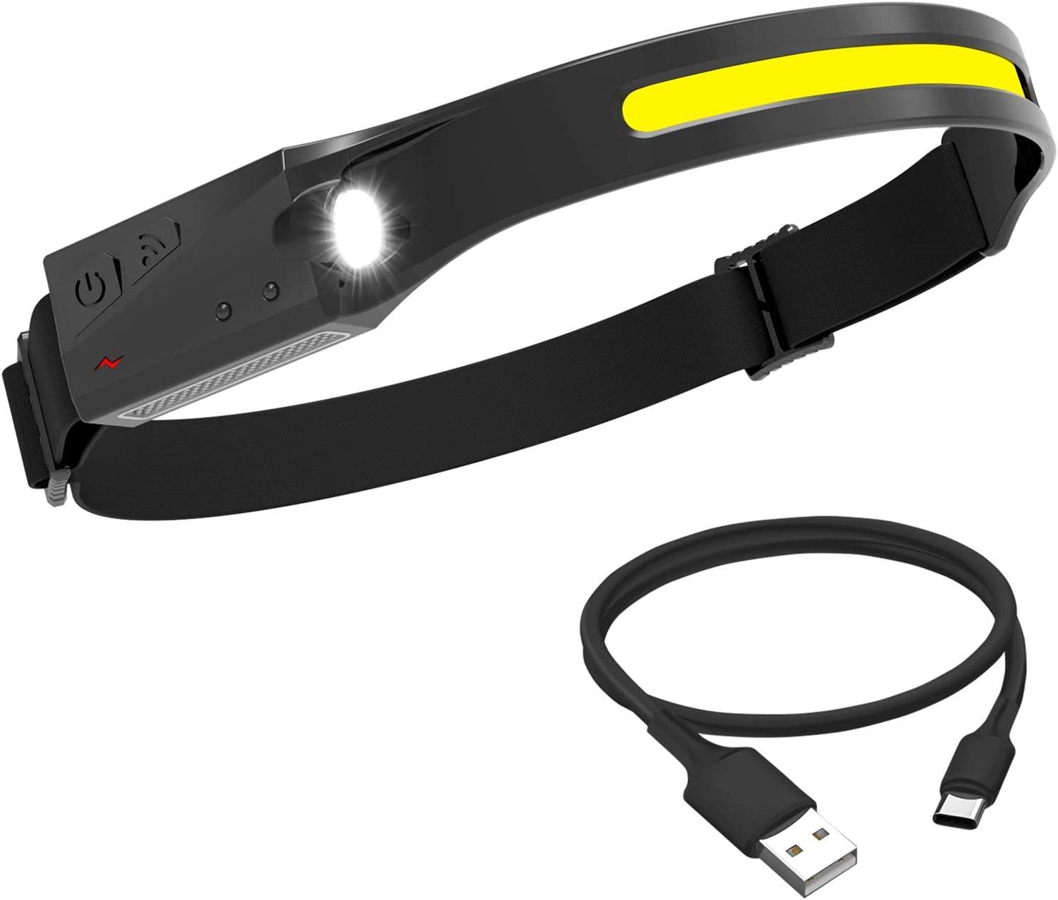 Olotos Stirnlampe LED COB XPE 5 Wiederaufladbar Wasserdicht Scheinwerfer IPX4 USB Weitwinkel 230°Ultra Kopflampe Licht 1200mAh Sensor, mit Modi