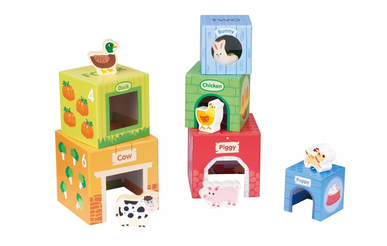 Lelin Stapelspielzeug 10295 Stapelspiel Farm mit 6 bunten Holzbausteinen
