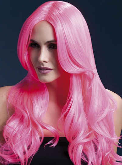 Smiffys Kostüm-Perücke Beach Waves neon-pink, Hochwertige Kunsthaar-Perücken aus der Fever Wig Collection