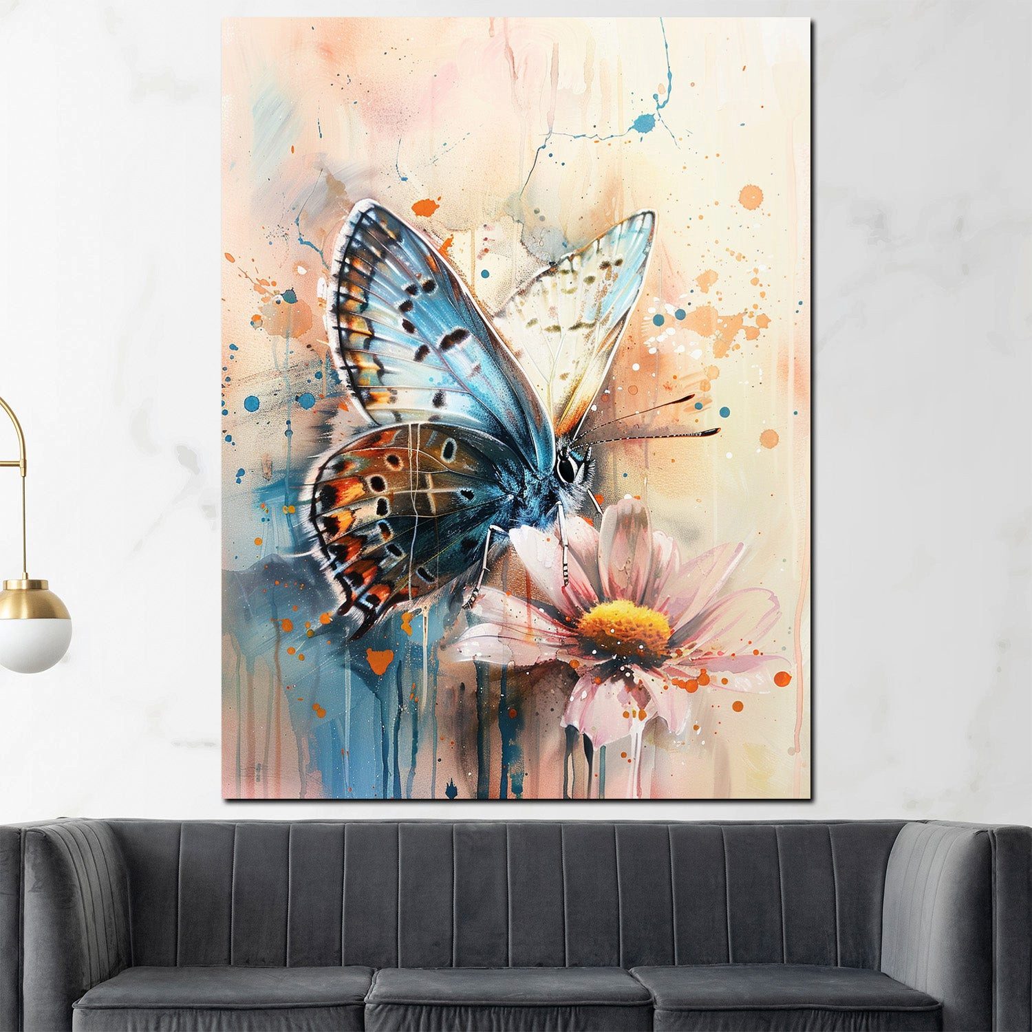 Artedinoi Leinwandbild Schmetterling auf Blume Aquarell Leinwandbild Wandbild XXL Deko, Schmetterling auf Blume