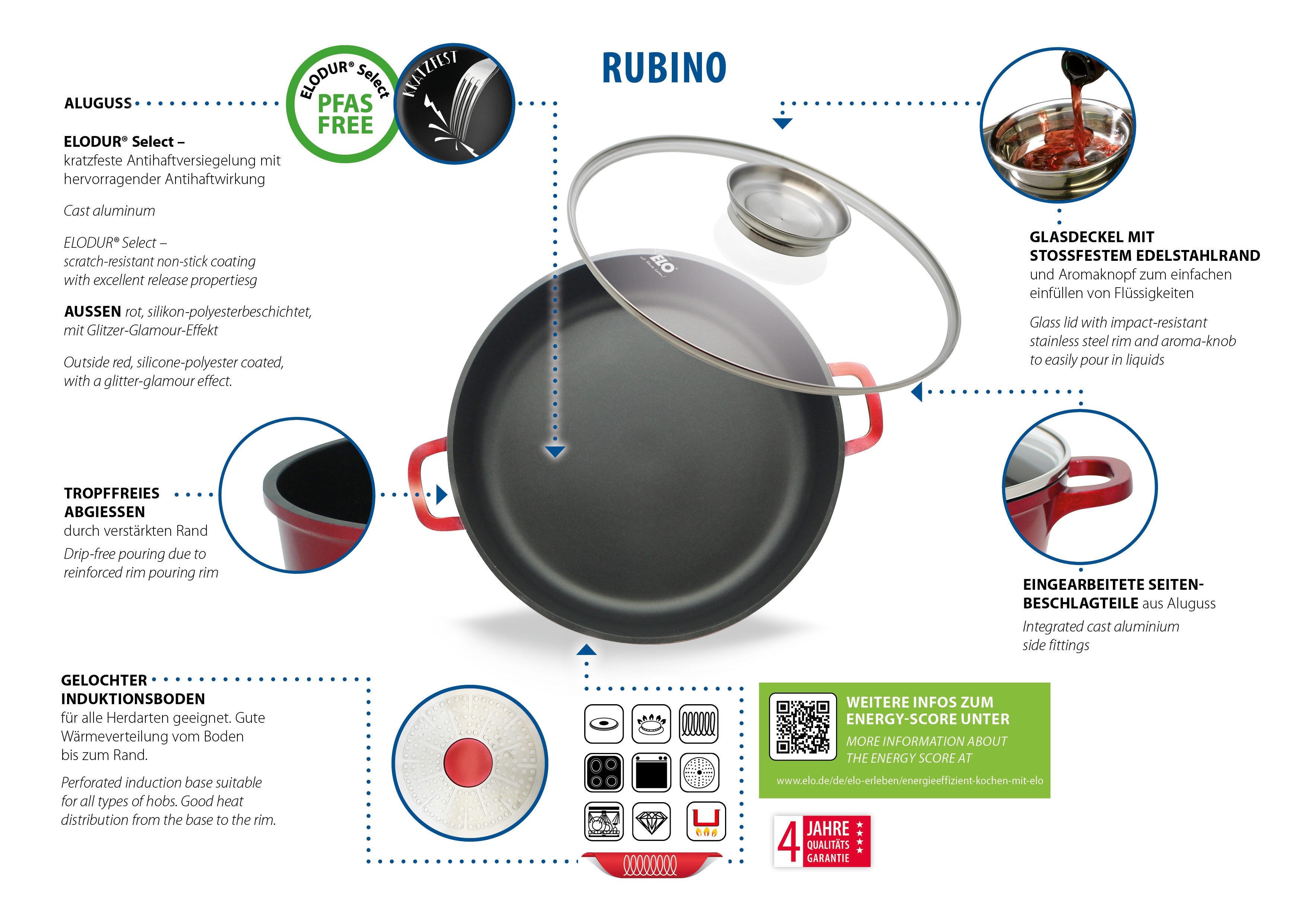 Elo Servierpfanne Rubino, Pfanne mit Glasdeckel, Aluminiumguss (1-tlg), mit Glitzer-Glamour-Effekt außen