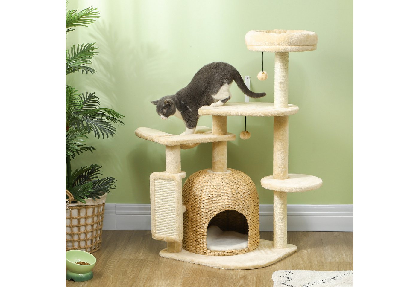 Thumbnail - PawHut Kratzbaum 112 cm, mit Katzenhöhle, Bett, Spielbälle, Sisal-Kratzsäulen, für Katzen bis 5 kg, Beige
