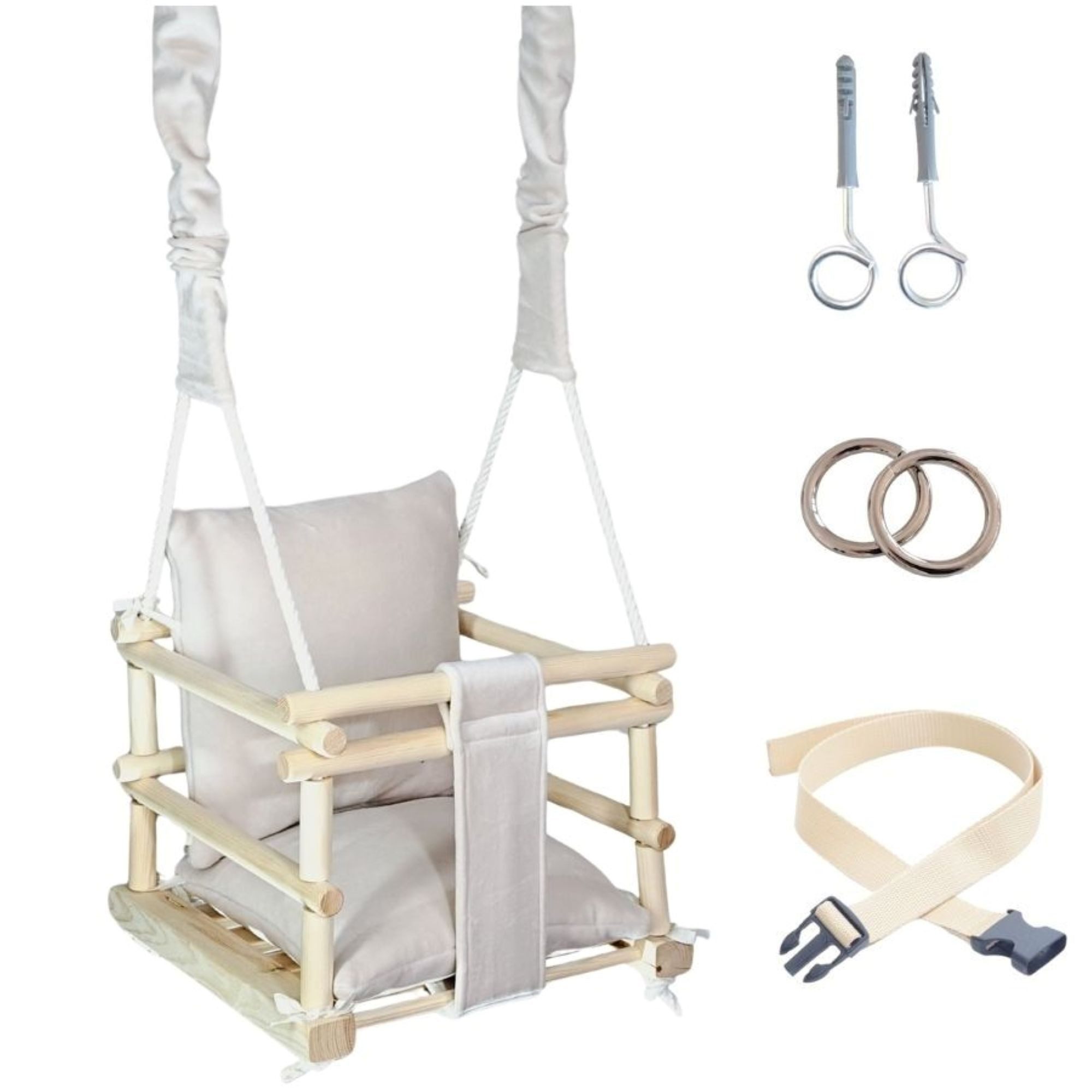 LuMali Babyschaukel Babyschaukel 3in1 Holz Sicherheitsgurt drinnen draußen 34x34x28cm, Kinderschaukel Naturholz Kiefer weich verstellbar 6-36 Monate