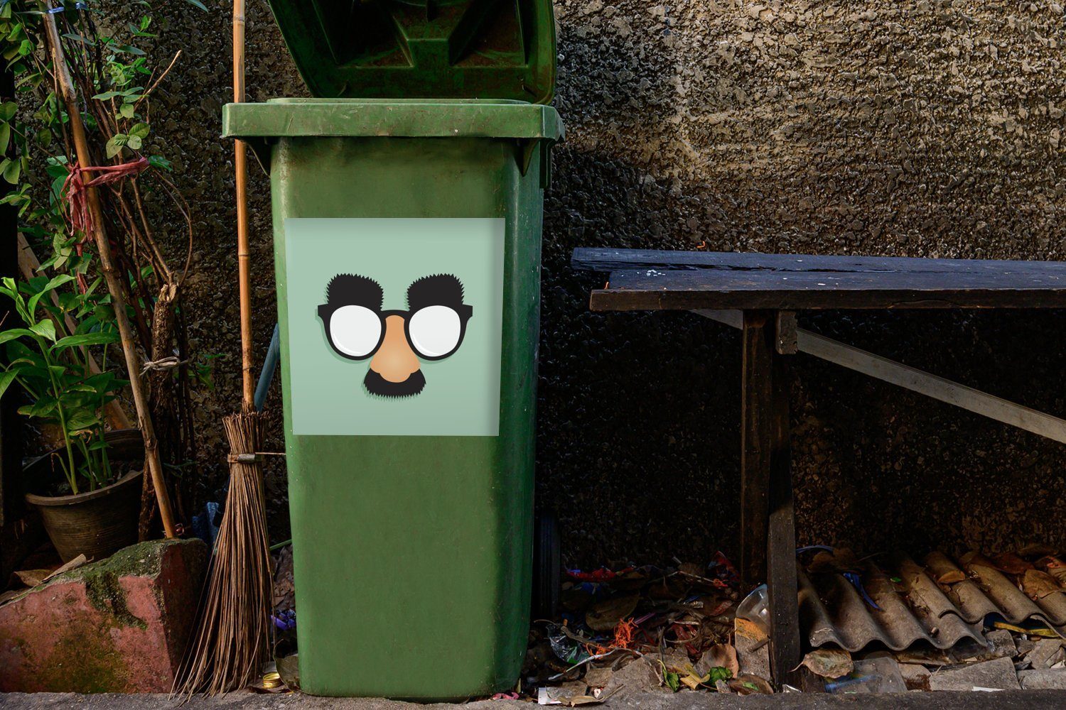 Illustration Container, Sticker, Brille (1 mit Schnurrbart Wandsticker einer MuchoWow Mülltonne, Abfalbehälter Mülleimer-aufkleber, St),