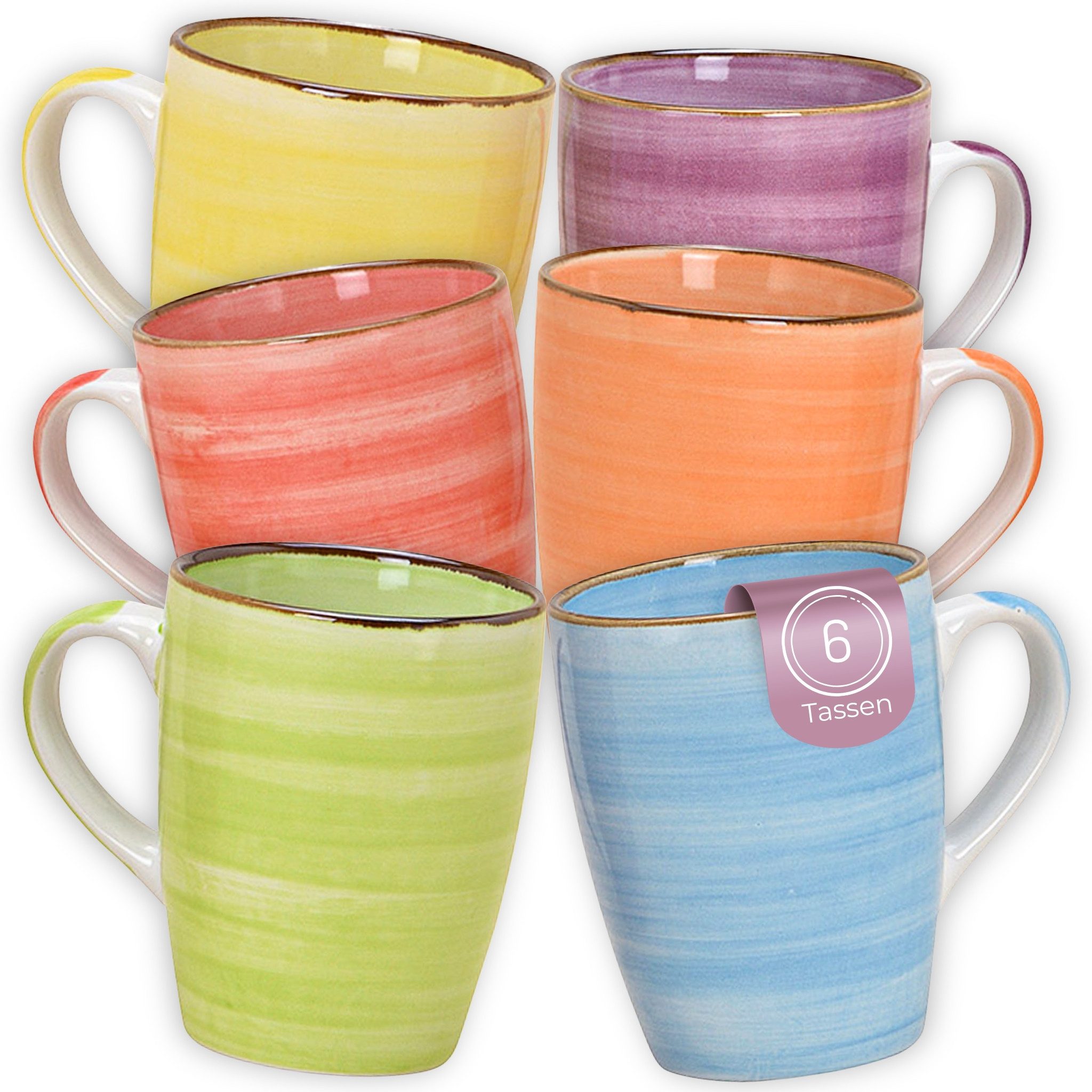matches21 HOME & HOBBY Tasse Kaffeetassen Set Bunt, 6er Set Steingut-Tassen, 340 ml, 6-tlg., Porzellan, Dopamin Deko Kaffeebecher für Tee & Cappuccino
