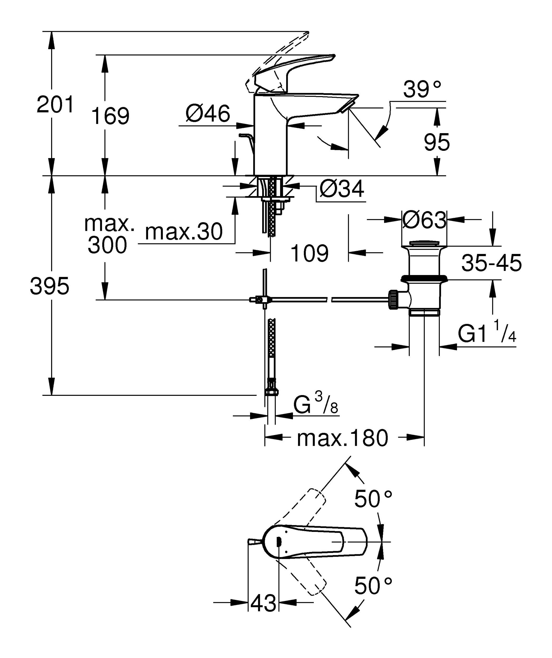 Grohe S-Size Zugstangen-Ablaufgarnitur mit Eurosmart - Einhand Chrom Waschtischarmatur