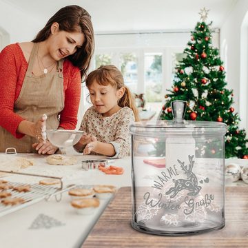 GRAVURZEILE Keksdose mit Gravur oder UV-Druck - Warme Winter Grüße - mit Deckel, Glas, als Geschenk für Freunde & Familie zu Weihnachten