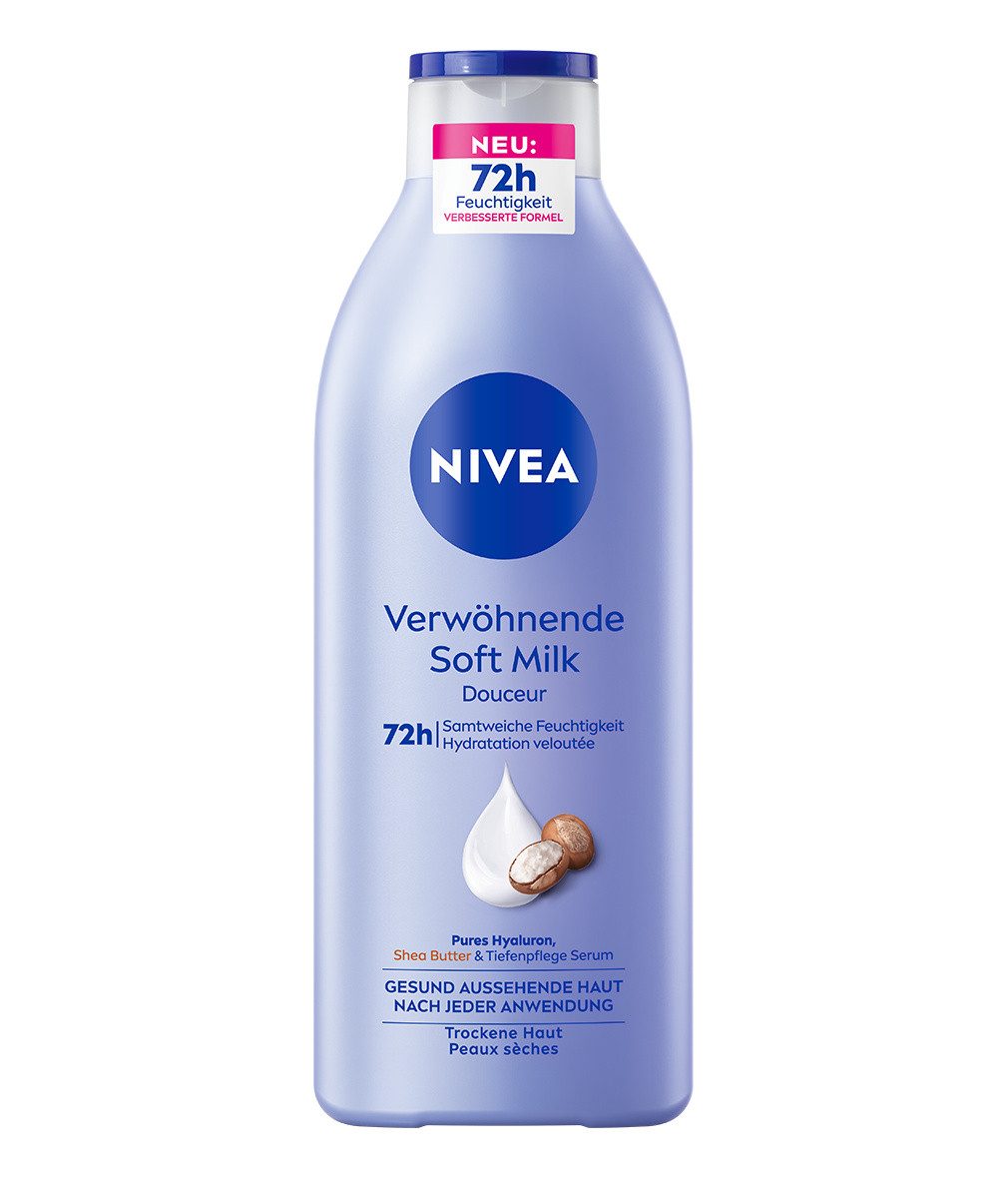 Nivea Bodylotion Body Verwöhnende Soft Milk 3 x 400ml Packung, 3-tlg., Sheabutter, Hyaluron, Tiefenpflege Serum