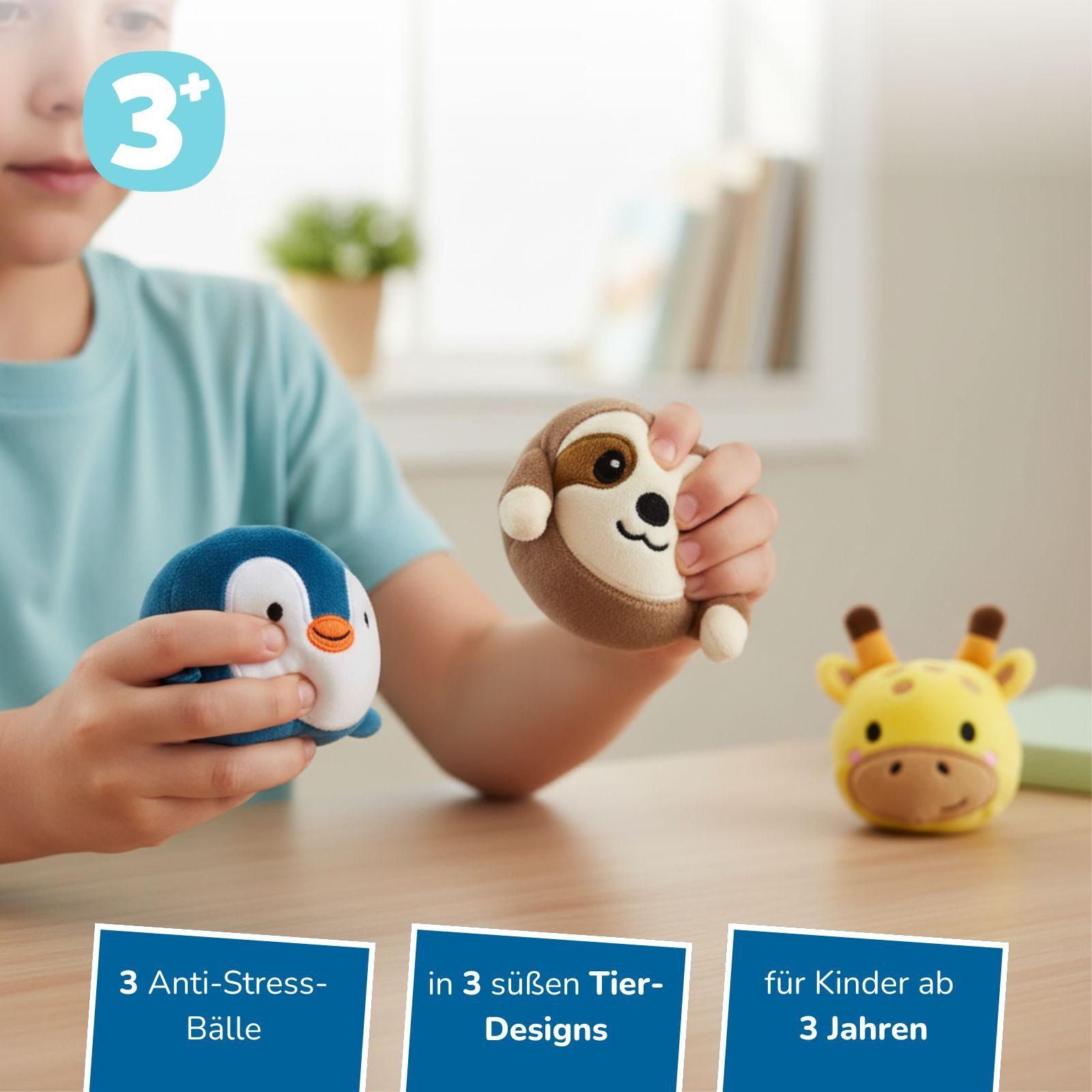 alldoro Plüschfigur 3er Set Plüsch Anti-Stress Bälle, Faultier, Pinguin & Giraffe, kuschelweiche Knautschbälle für Kinder, zum Drücken & Entspannen