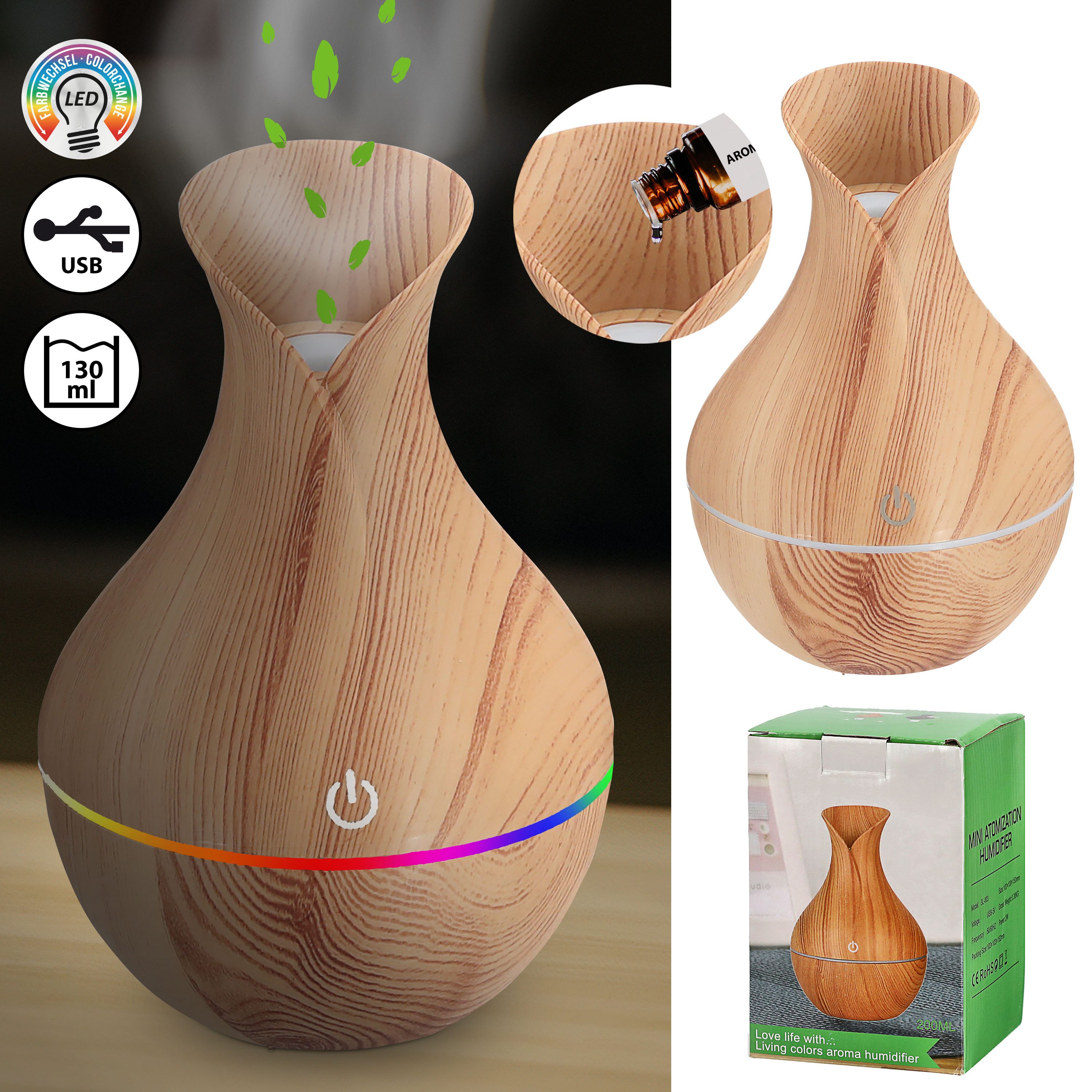 CEPEWA Diffuser Aroma Diffusor LED Farbwechsel USB Holzoptik 10x15cm Tank 130ml