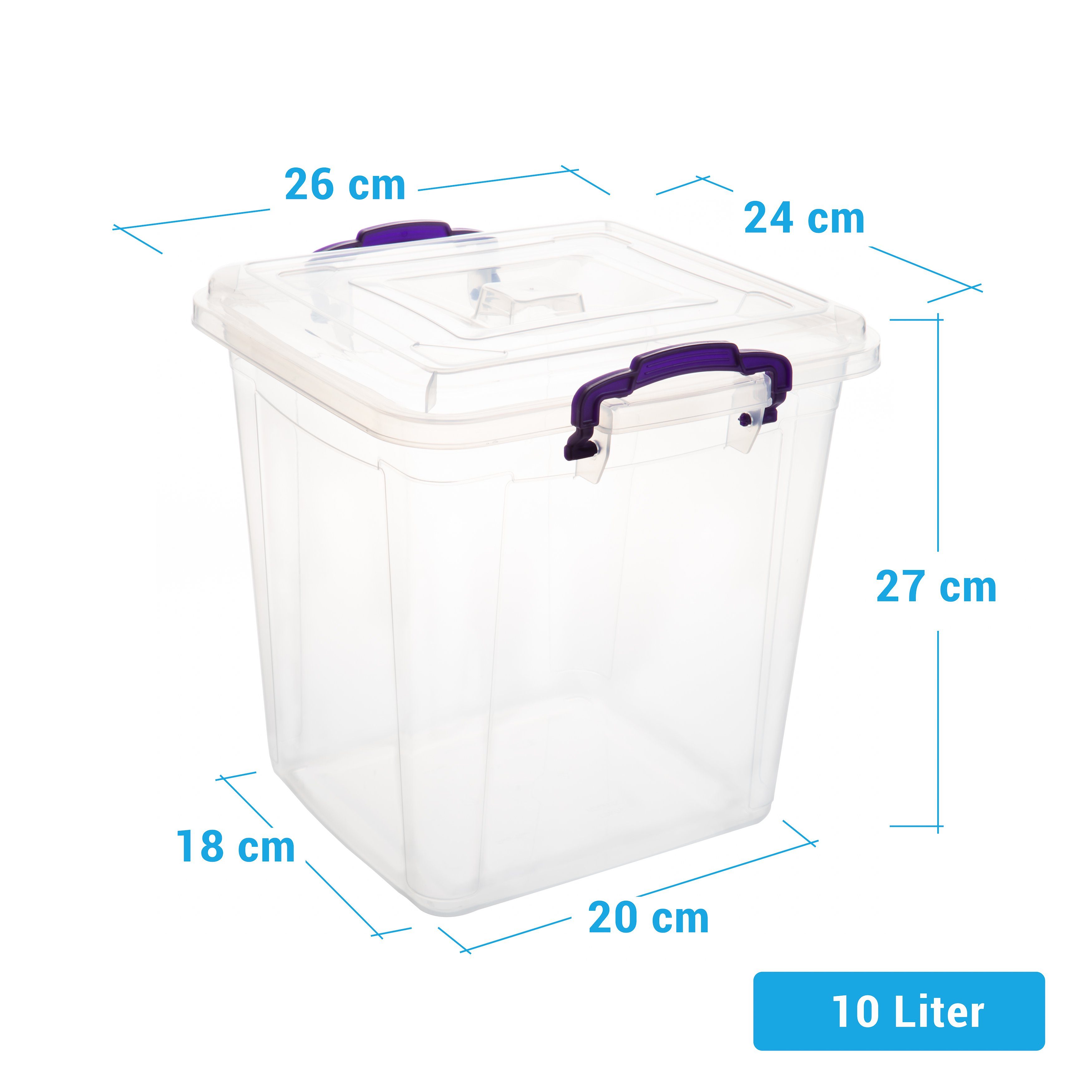 Centi Aufbewahrungsbox Plastikbox mit Deckel und farbigen Griffen (Spar set,  3 St., 10 Liter, H27 cm x B26 cm x T20 cm), Aufbewahrung, Plastikbox mit  Deckel, Transparent Kisten Aufbewahrung