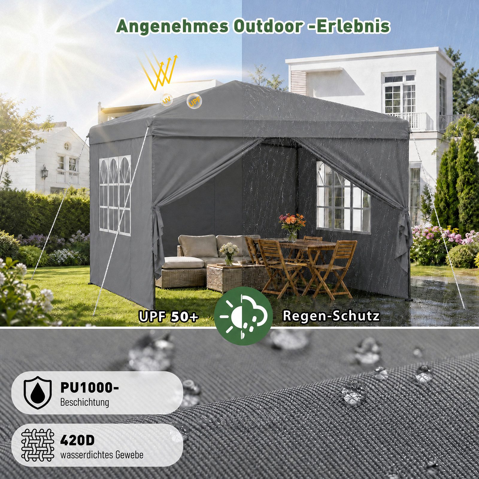 Sekey Faltpavillon 2x2/3x3/3x6 m, Gartenpavillon mit 4 Seitenteilen Partyzelt Wasserdicht, mit 4 Seitenteilen, Gartenpavillon 2 x 2 winterfest, für Garten Campi – Bild 5 von 5