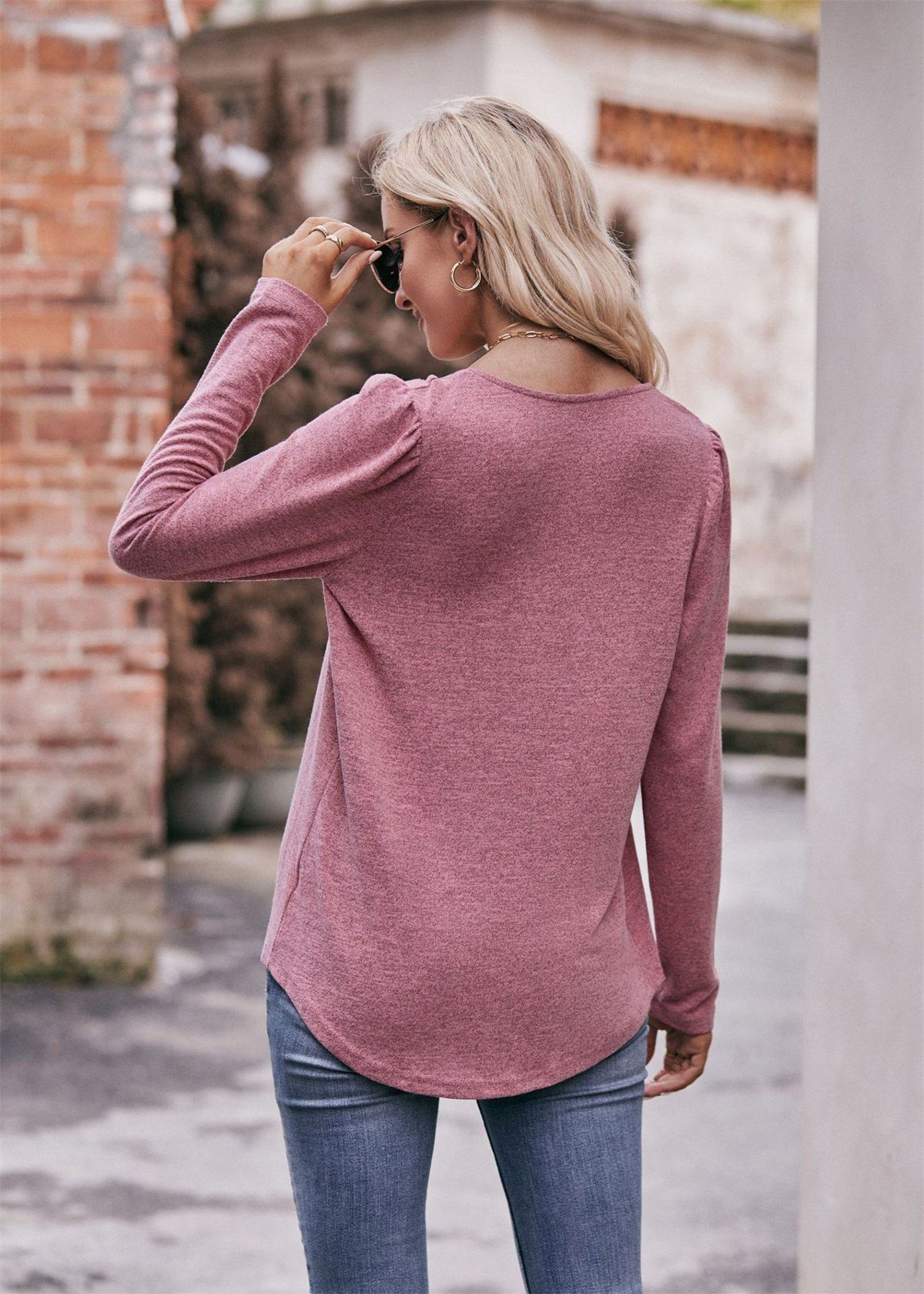 carefully selected Langarmshirt Langärmliges mit Puffärmeln und Ausschnitt quadratischem Damen-T-Shirt Rosa