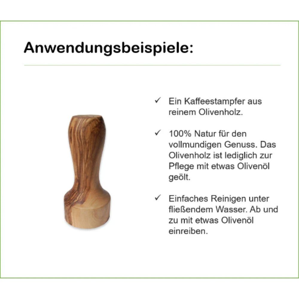 Olivenholz-erleben Tamper Kaffeetampfer aus Olivenholz, Aus echtem Olivenholz – robust, aromaneutral – jedes Stück ein Unikat