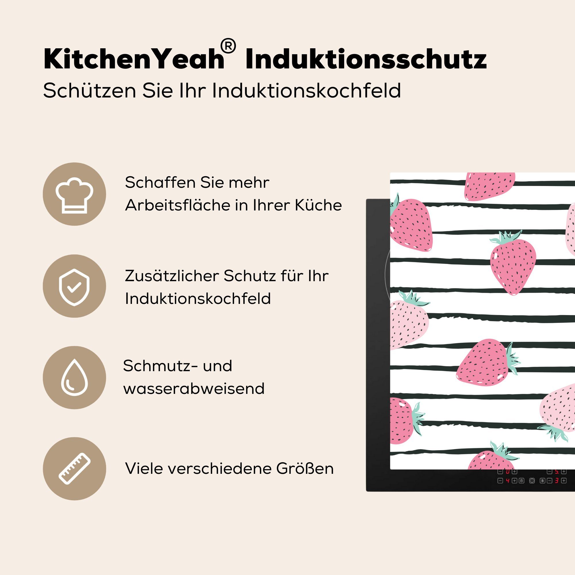 küche Rosa MuchoWow für Sommerlich - tlg), Vinyl, 78x78 - (1 Herdblende-/Abdeckplatte Erdbeeren Streifen, Arbeitsplatte cm, Ceranfeldabdeckung, -
