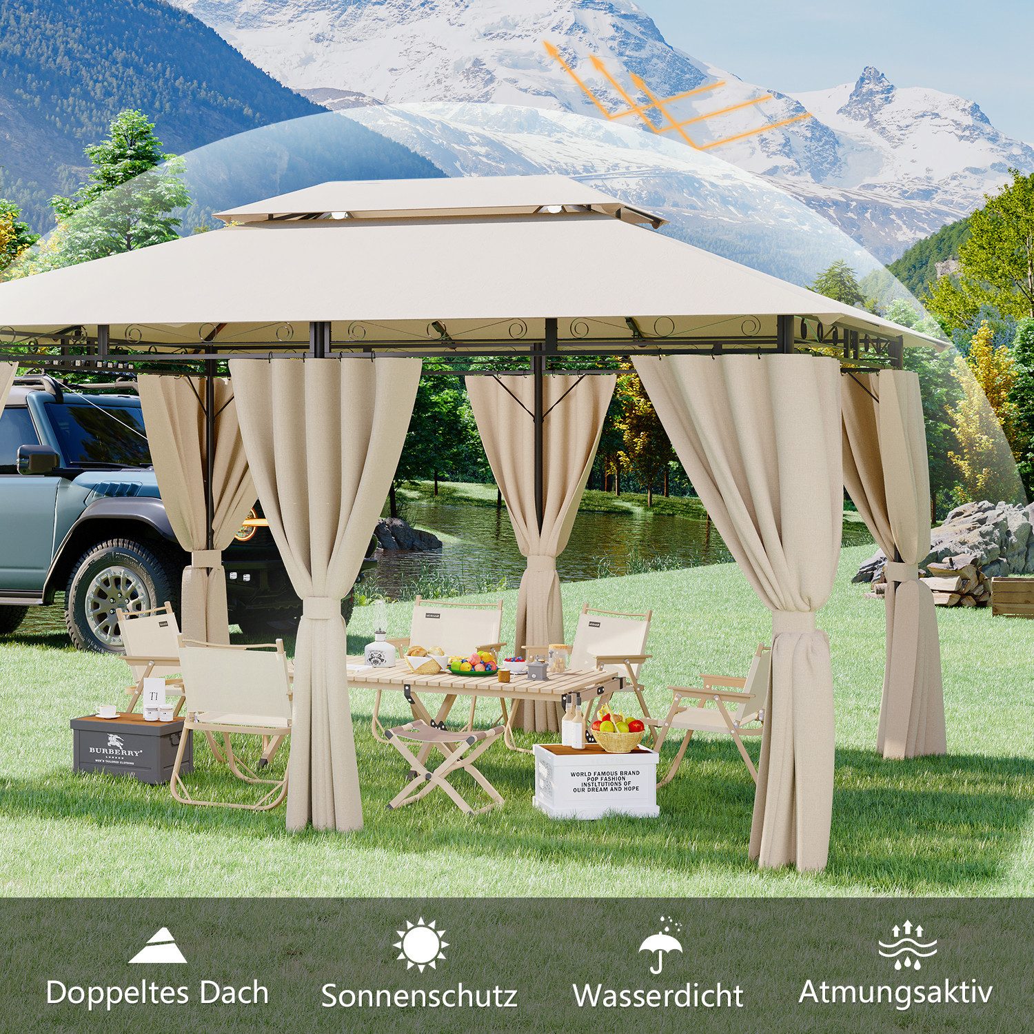 HOMALL Pavillon Winddicht und Wasserdicht, 300x300/300x400cm Pavillon für 4-8 Personen, mit 6 Seitenteilen, (mit LED-Beleuchtung(Akkus: 1 St) und ohne LED-Beleu – Bild 3 von 5