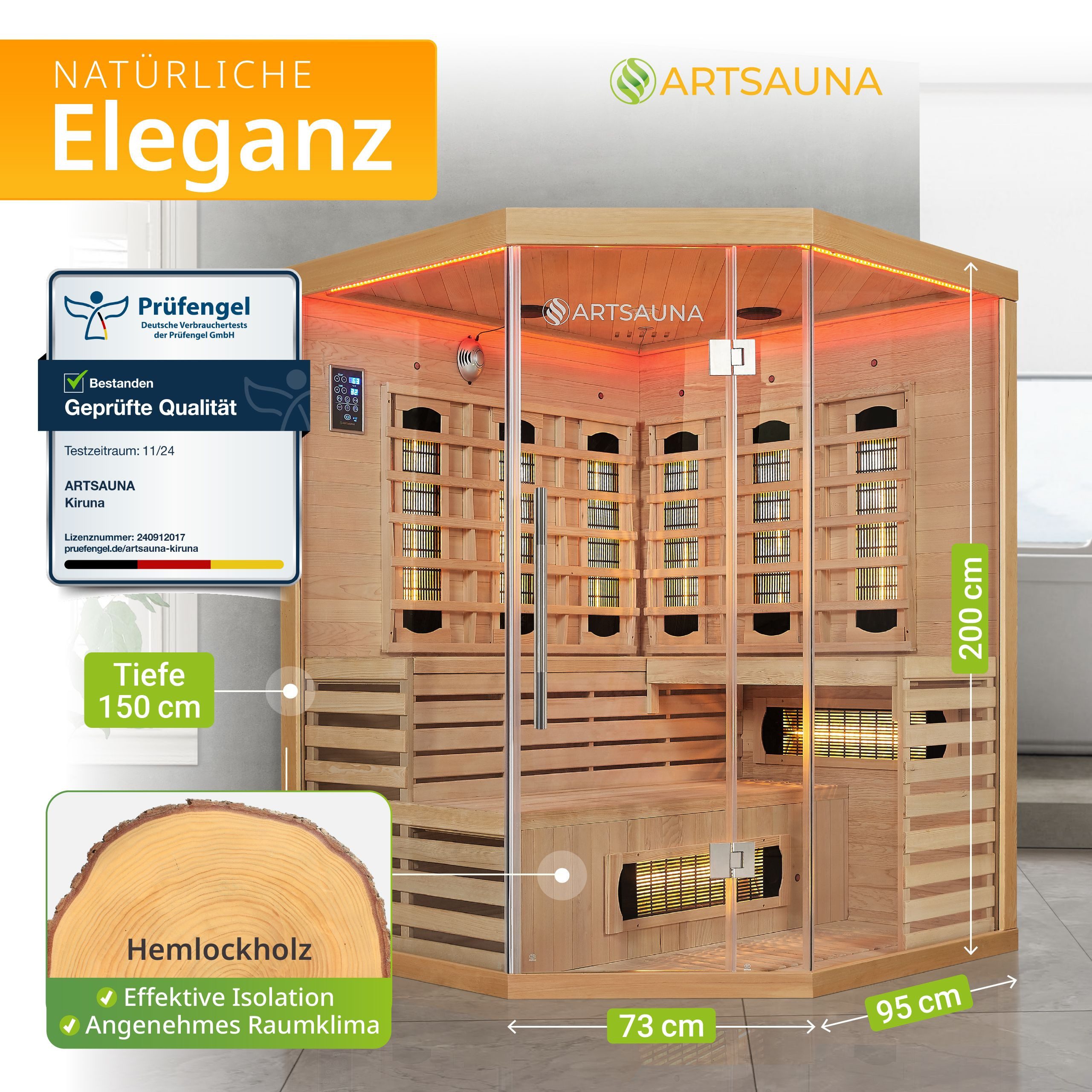 Thumbnail - Artsauna Infrarotkabine Kiruna150 Dual Technologie, für 3 Personen, Hemlock-Holz, HiFi-System, Ionisator, LED-Farblicht