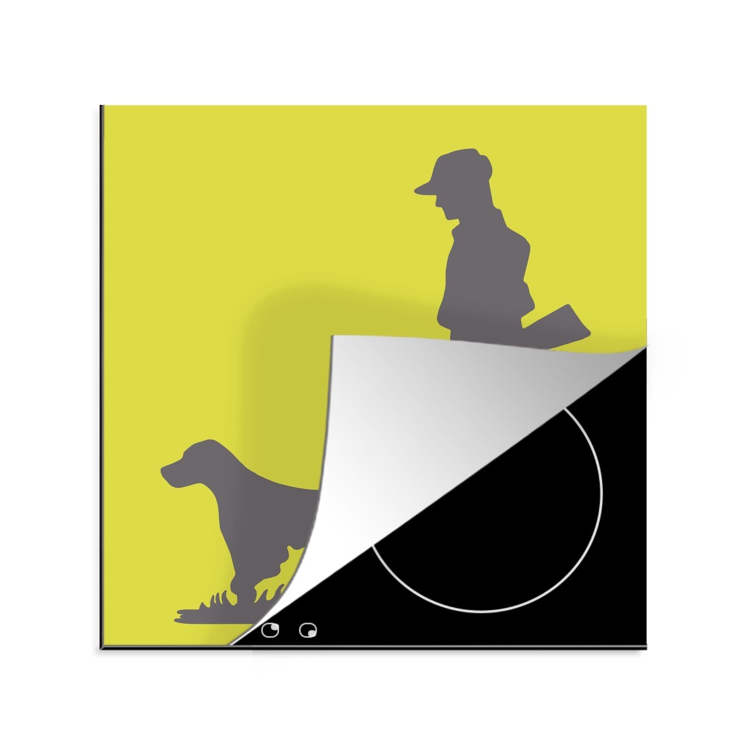 MuchoWow Herdblende-/Abdeckplatte Eine Illustration eines Jägers und seines Hundes, Vinyl, (1 tlg), 78x78 cm, Ceranfeldabdeckung, Arbeitsplatte für küche