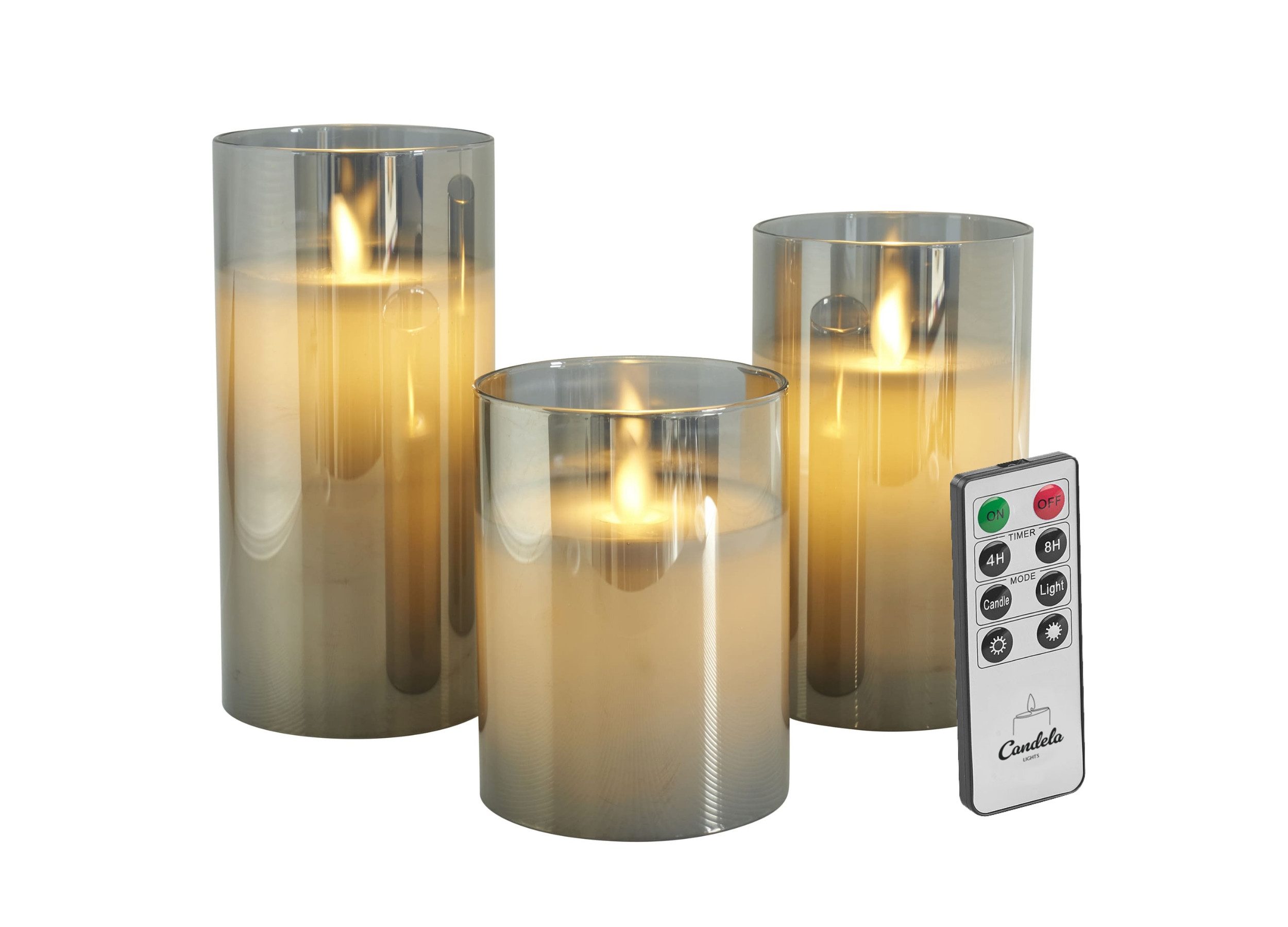 LC Home LED-Kerze LED Свечи Set Echtwachskerze Glas Timerfunktion Fernbedienung Dimmbar (Spar-Set, 3-tlg., LED Свечи im Glas 3er Set mit Fernbedienung), Led Свечи 3er Set in 10x7,5 • 12,5x7,5 • 15x7,5cm