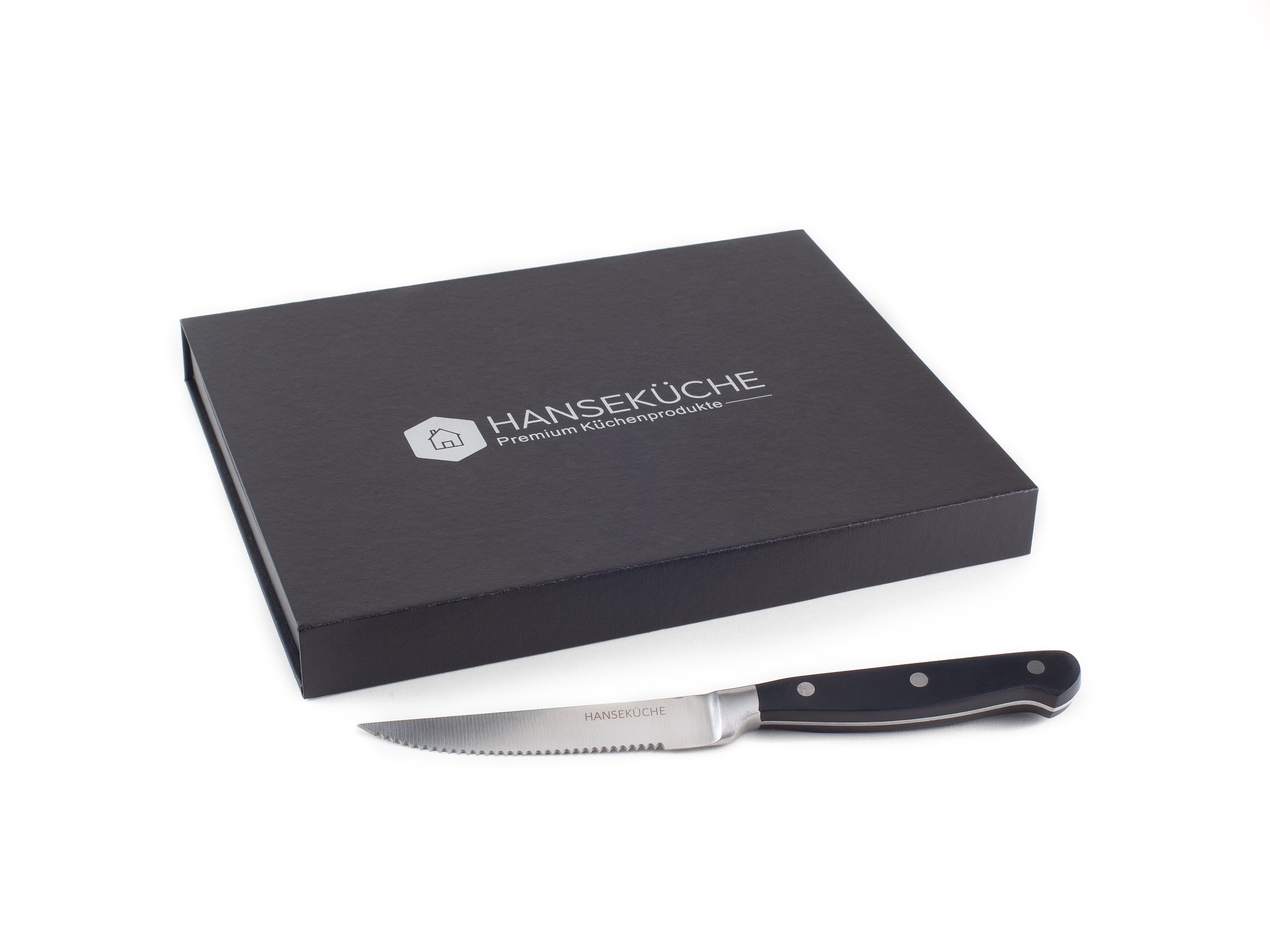 Hanseküche Steakmesser Steakmesser 6er Set – mit Holzgriff (Schwarz) (6 Stück), Modernes Design, Geschenkbox