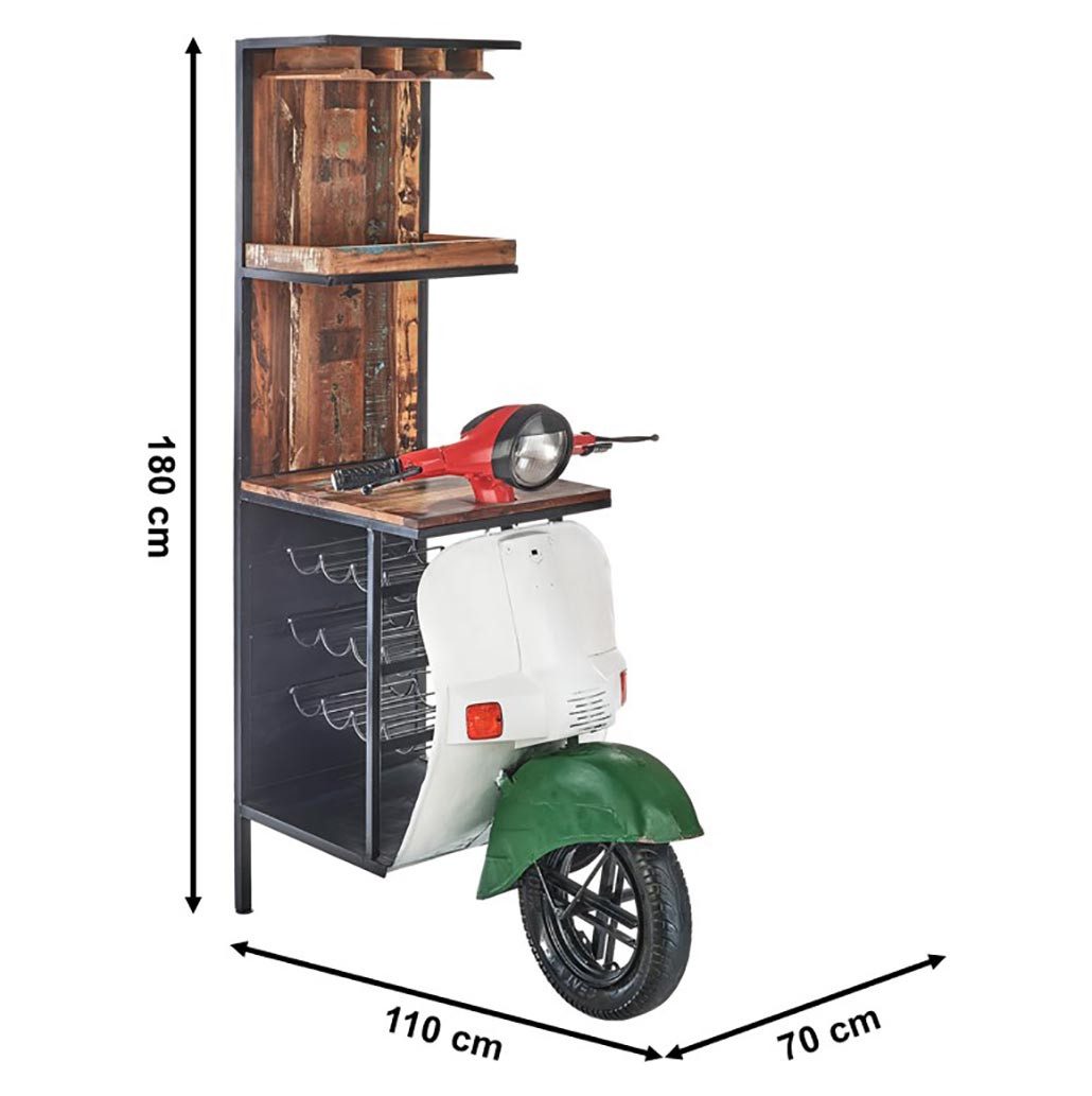 Kobolo Weinregal Regal SCOOTER ITALIA aus Holz und lackiertem Metall Anrichte Barschran, Einzelstück 1-tlg., Grün Weiß Rot