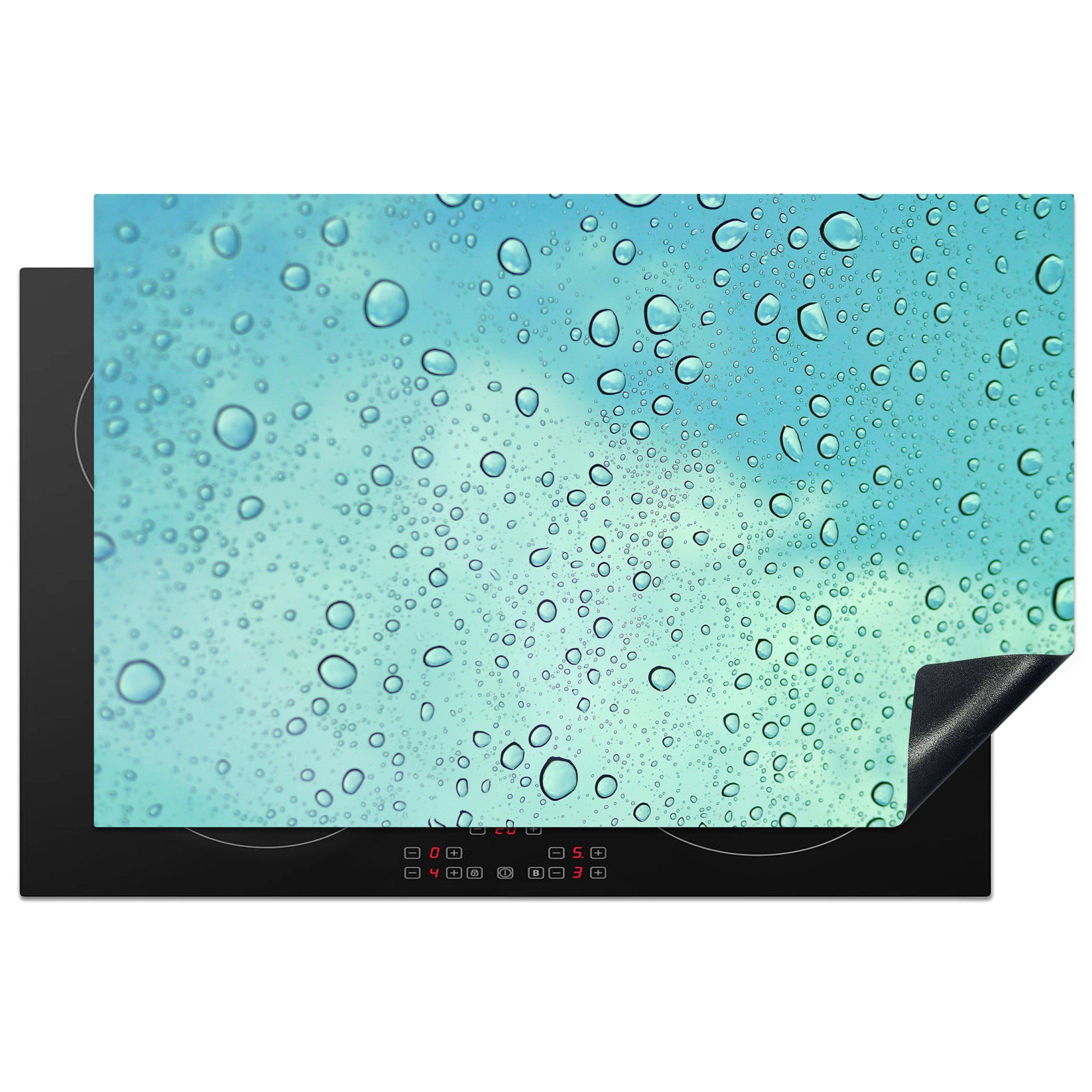 MuchoWow Herdblende-/Abdeckplatte Regentropfen auf Glas mit blauem Himmel, Vinyl, (1 tlg), 81x52 cm, Induktionskochfeld Schutz für die küche, Ceranfeldabdeckung