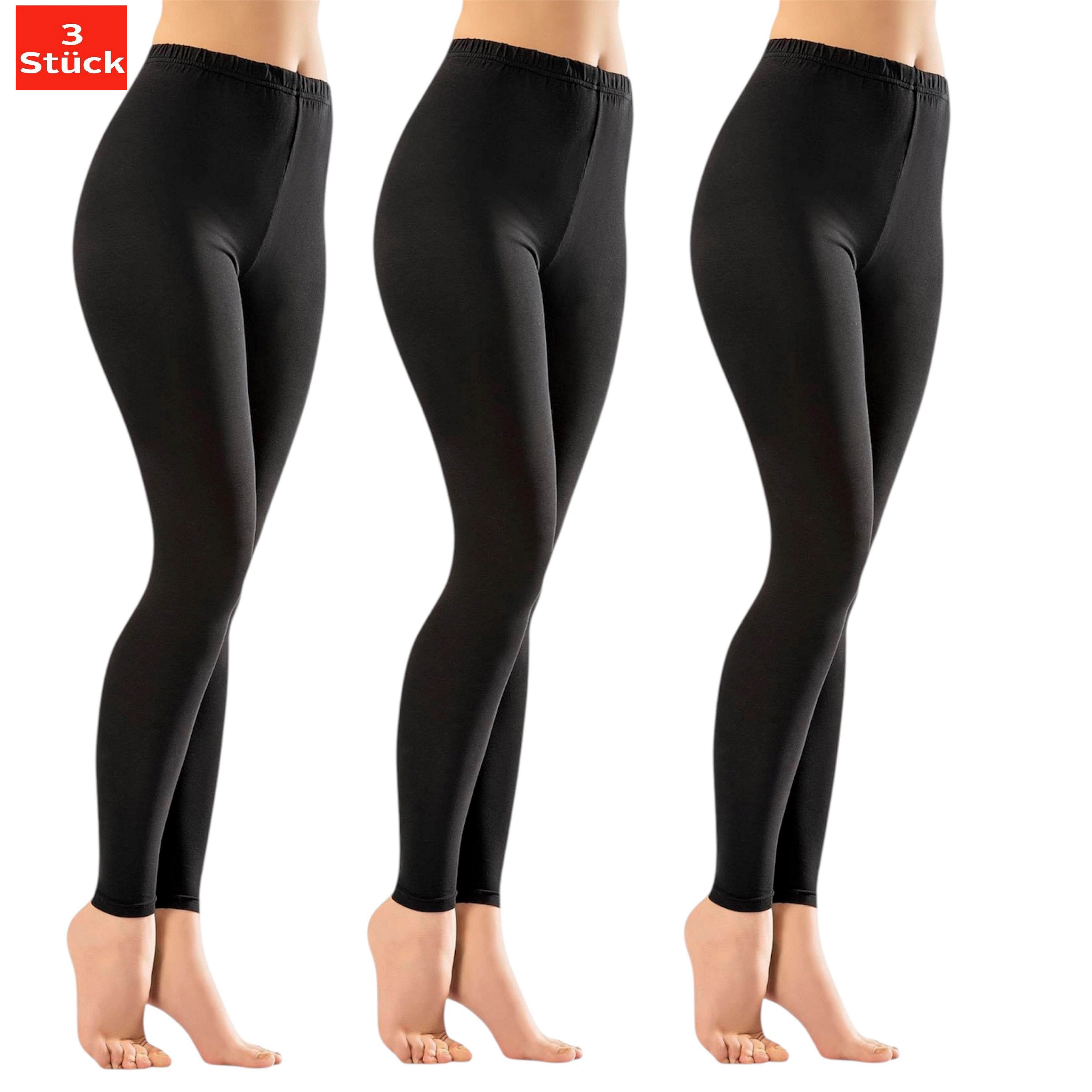 Leggings Damen Baumwolle Schwarz 3er Pack