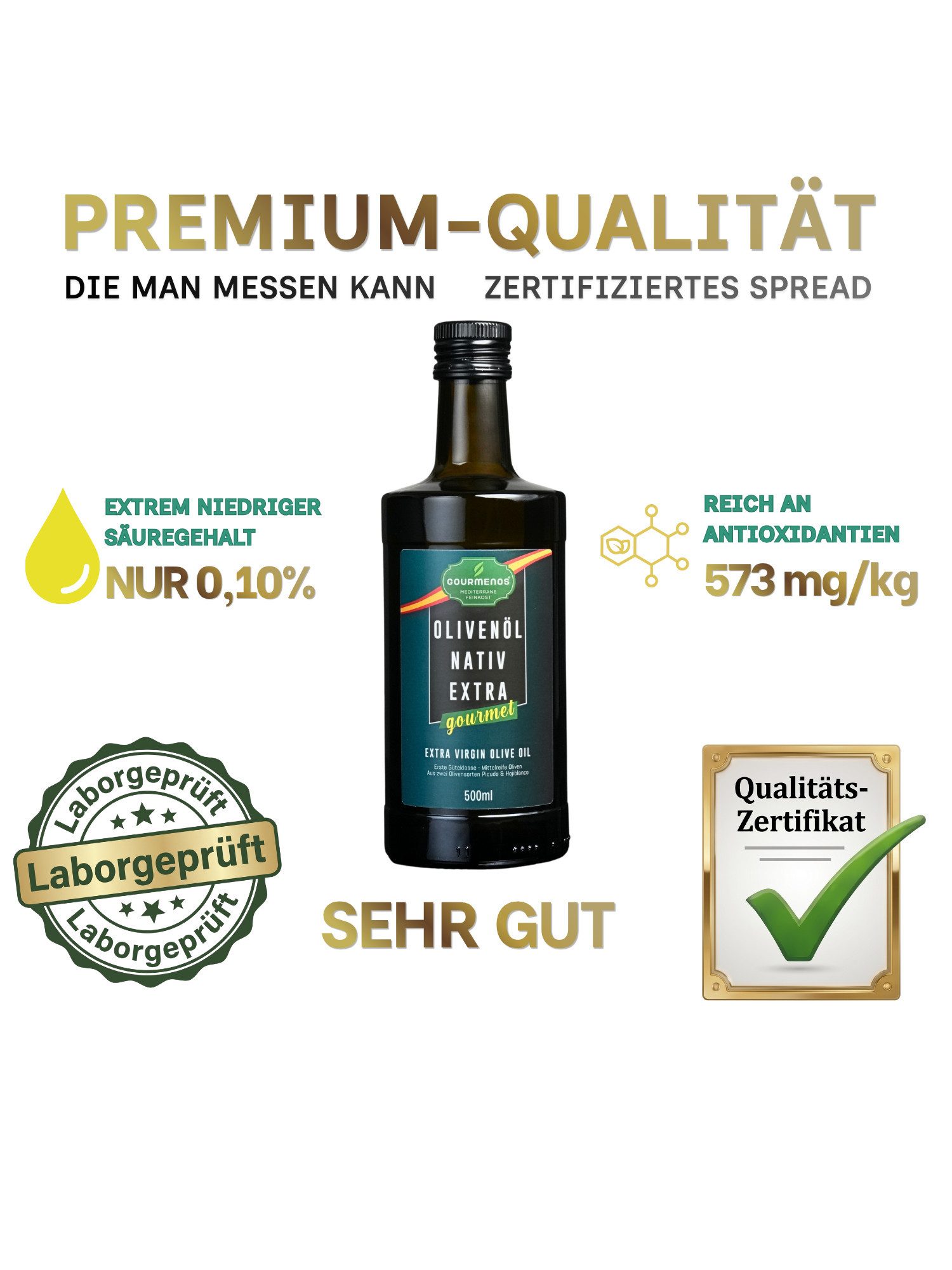 Gourmenos Speiseöl Natives Olivenöl Extra aus Granada, kaltgepresst, 1 x 0,5 l, 500 ml, 1 St., Kaltgepresst, 0,1% Säuregehalt, Hoher Polyphenolgehalt – Bild 4 von 5