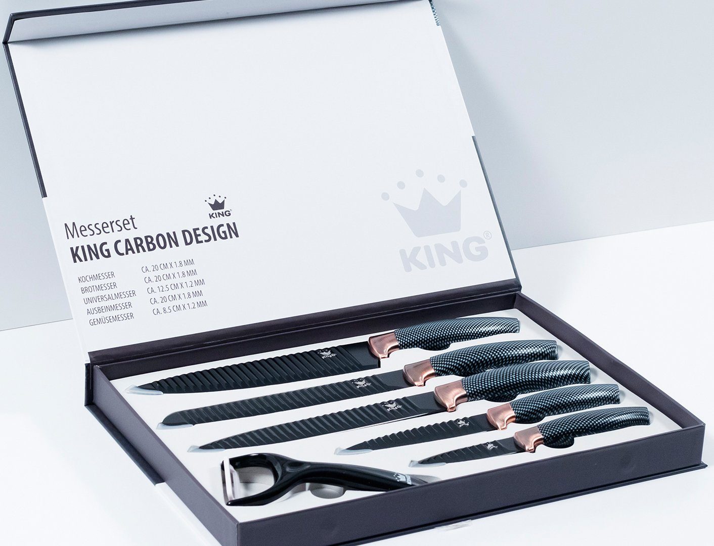 KING Messer-Set Carbon Design (Set, 6-tlg), (5 Messer), incl. Sparschäler, Wellenschliff