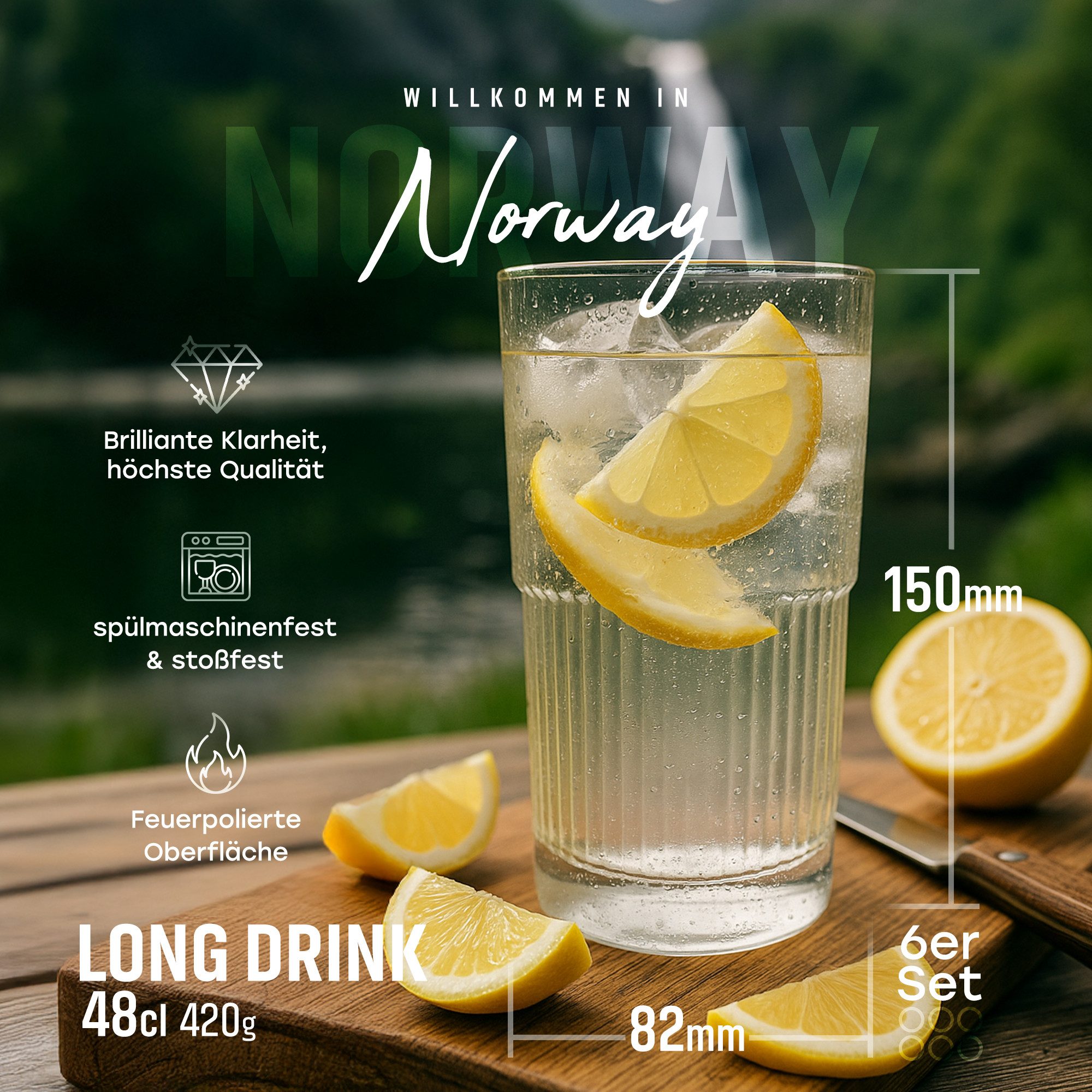 MUVELL Longdrinkglas 6er Set „Norway“ 480 ml klar, Matcha, spülmaschinenfest, 6-tlg., feuerpoliertes kristallklares 3mm Glas, Stoßfest, Spülmaschinenfest, 3 mm Glasstärke