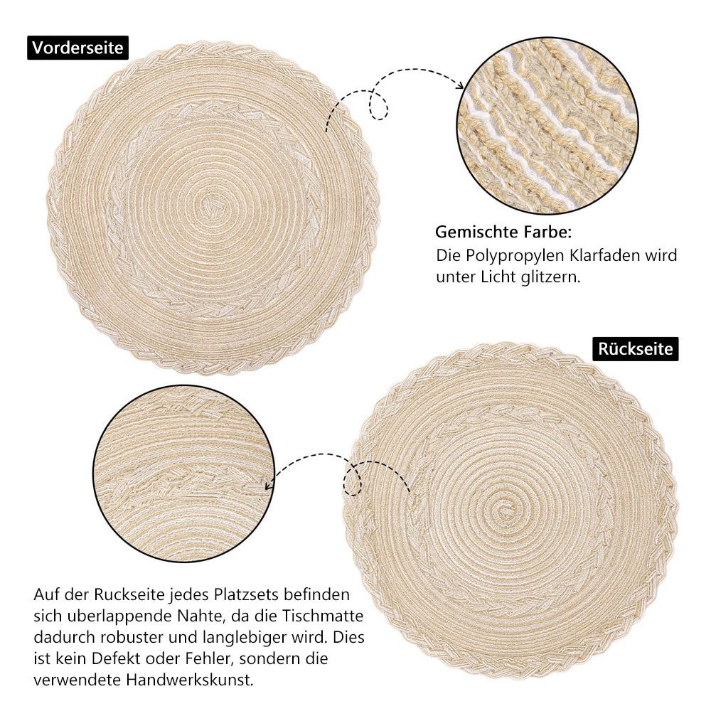 TUWENA Platzset 6er Set Boho Tischset Rund Geflochten, Platzdeckchen Abwaschbar, 38cm