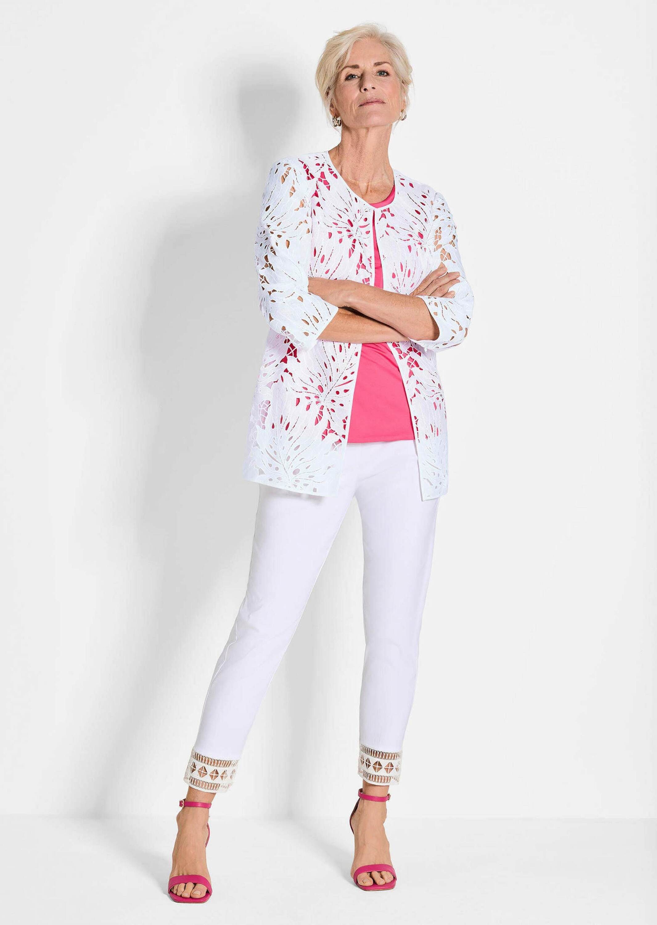 GOLDNER Jerseyblazer Weiße Jacke mit Blätterdessin Figurnahes Damenjäckchen günstig online kaufen