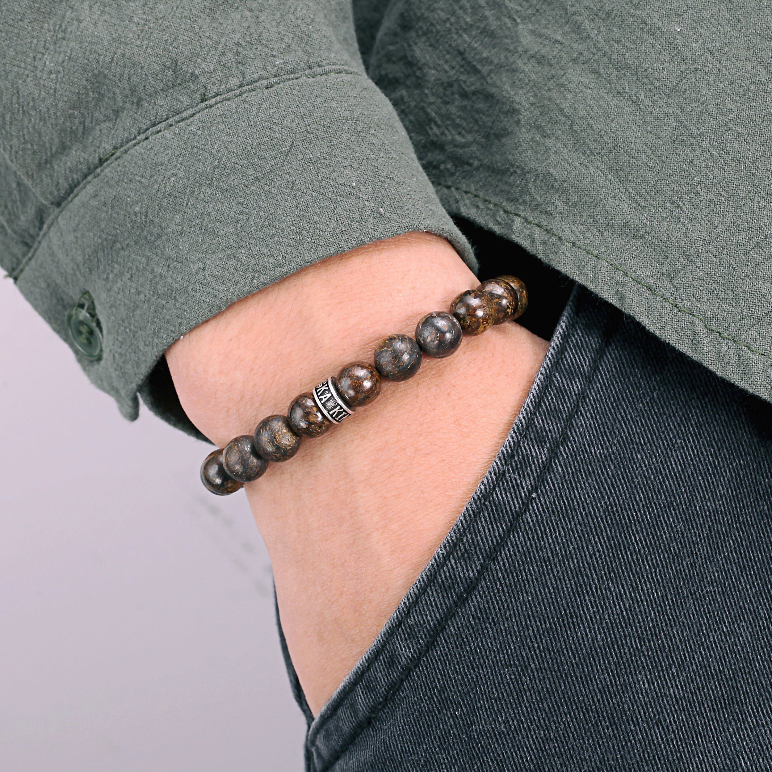 und Kingka Stretch-Bead-Armband Armband Steinen Bronzite Sterlingsilber 925er "WOVEN" aus