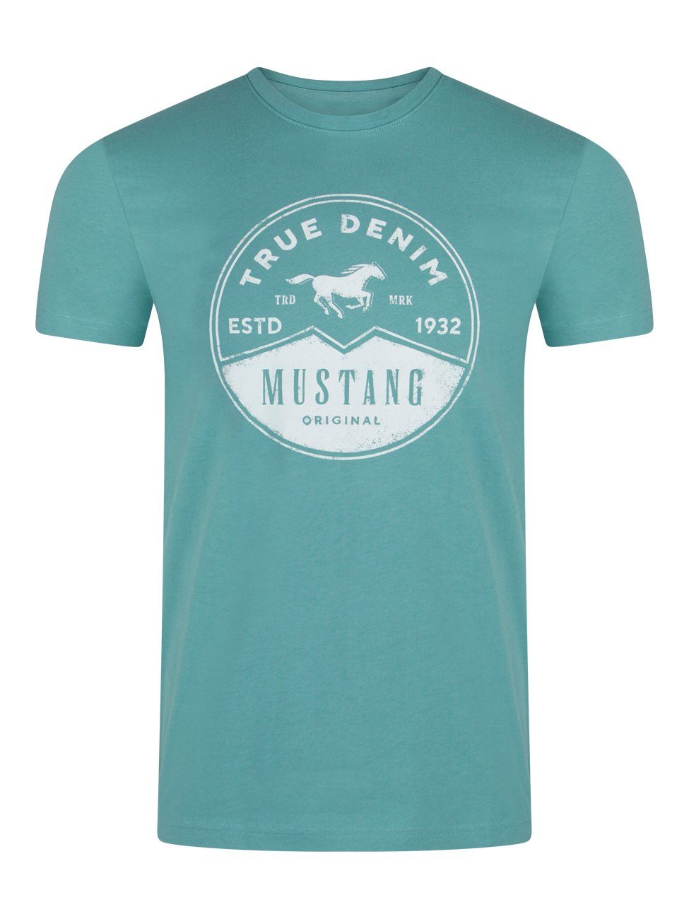 MUSTANG T-Shirt Herren Printshirt Regular Fit (1-tlg) Kurzarm Tee Shirt mit Rundhalsausschnitt aus 100% Baumwolle Mineral Blue (1014004-6236)