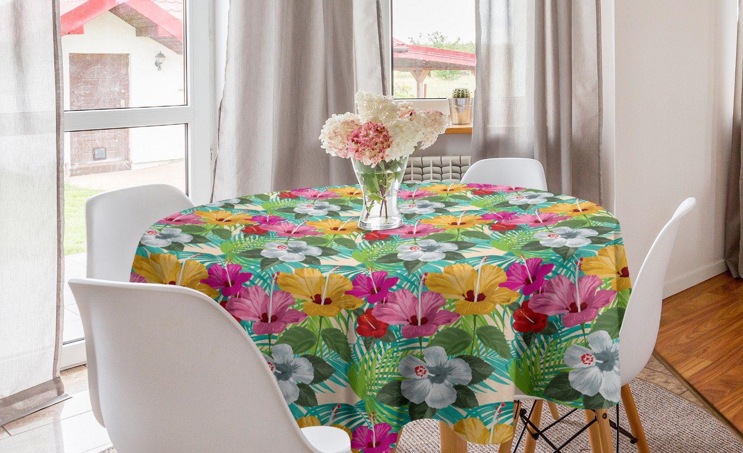 Abakuhaus Tischdecke Kreis Tischdecke Abdeckung für Esszimmer Küche Dekoration, Tropical Hibiskus-Insel-Anlagen