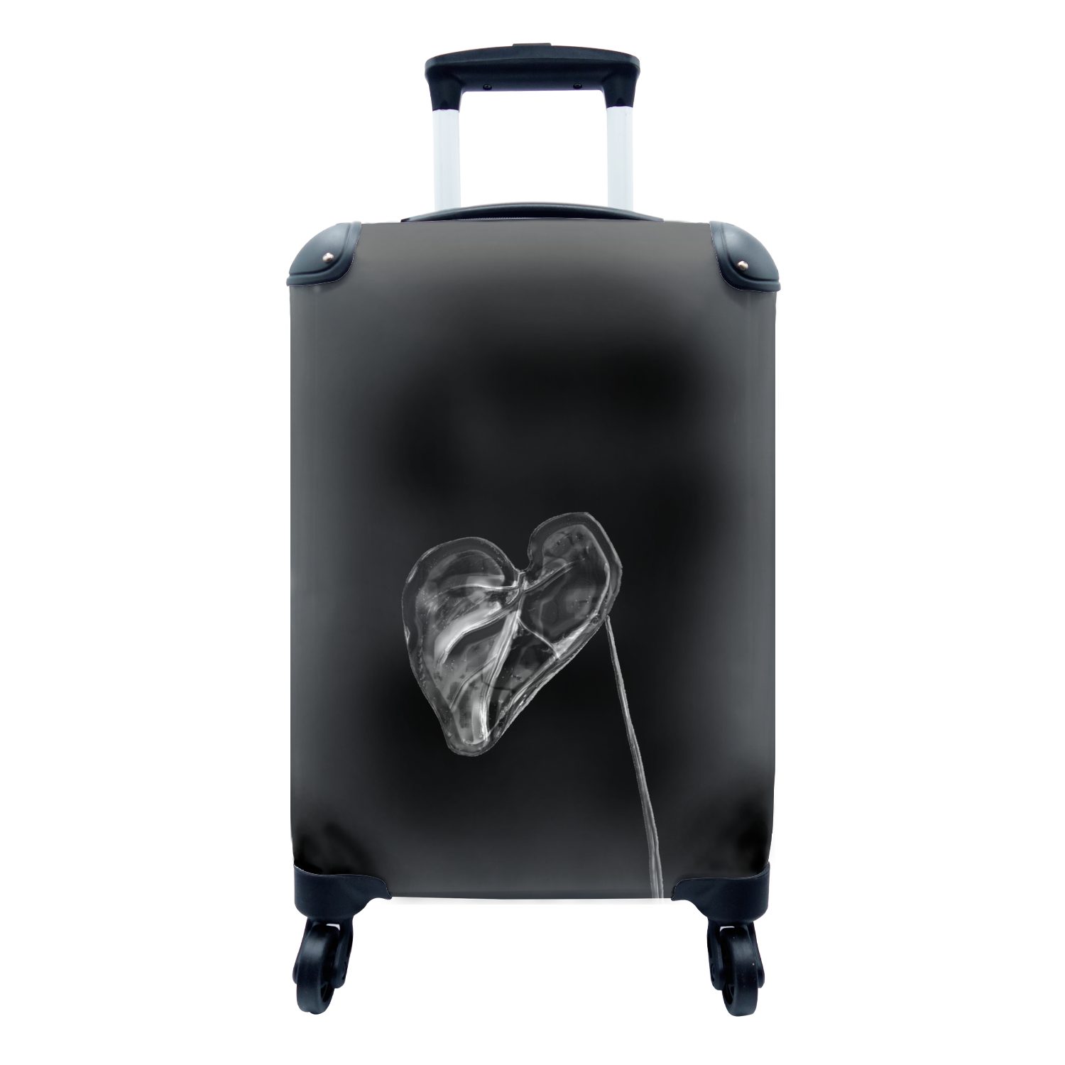 MuchoWow Handgepäckkoffer Herzförmiges Blatt auf schwarzem schwarz Ferien, für - Trolley, mit Rollen, Handgepäck Hintergrund 4 Reisekoffer rollen, Reisetasche und weiß