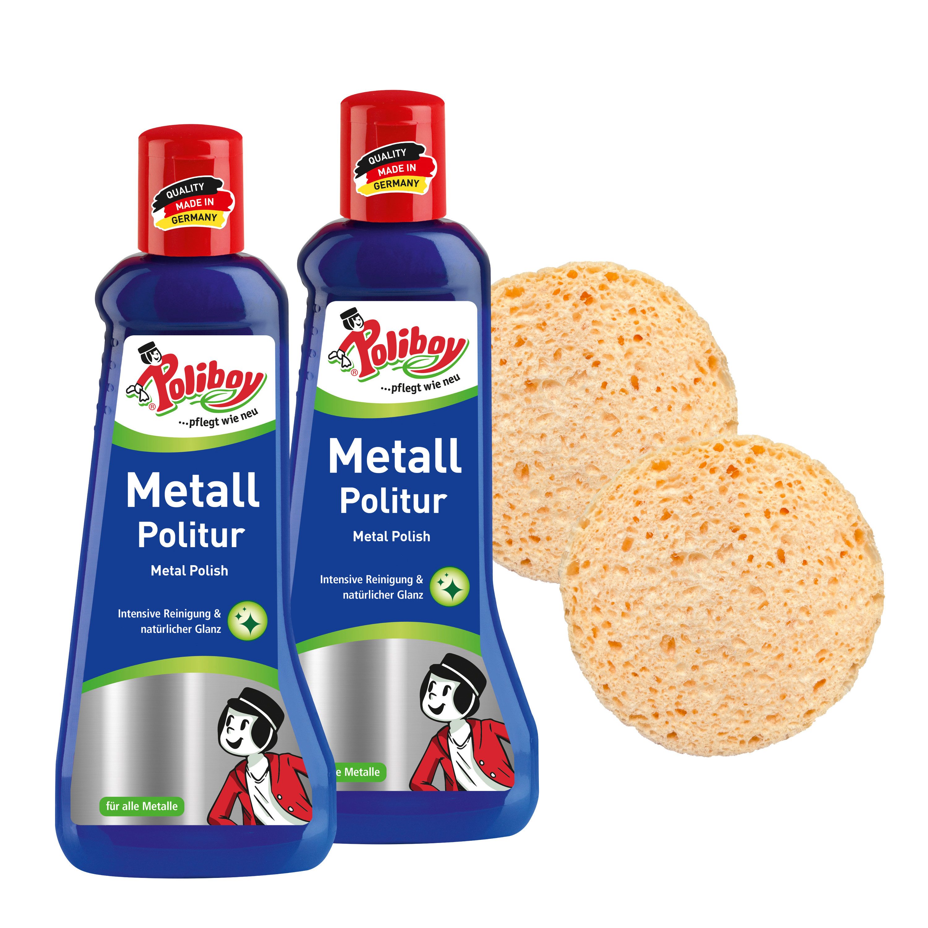 poliboy Metall Politur - mit 2x Schwamm - 2x200ml Schmuckreiniger (zur Reinigung und Pflege von Metallen - Made in Germany)