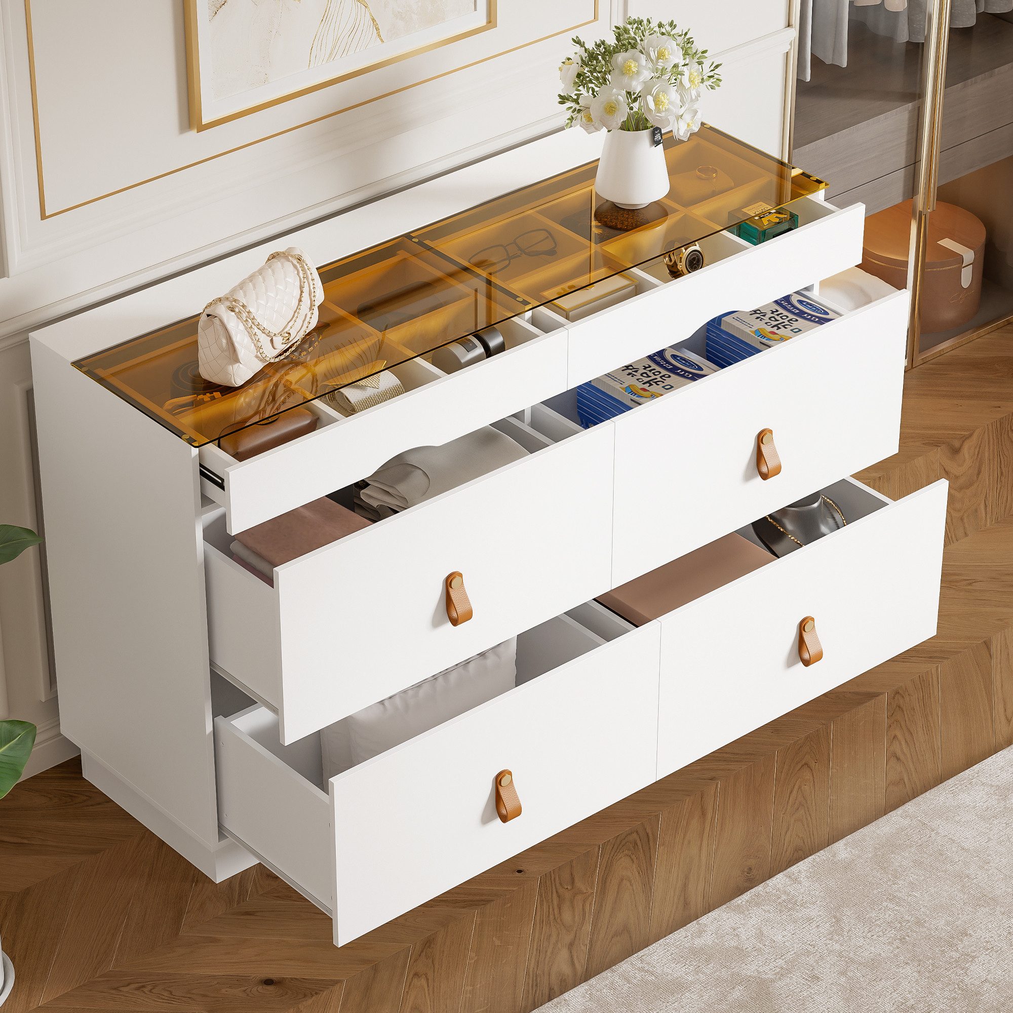 Yorbay Sideboard Sideboard Modern Kommode aus Einscheibensicherheitsglas,B120xT40xH78cm, Schminktisch Hochschrank für Schlafzimmer und alle Wohnräume,Weiß