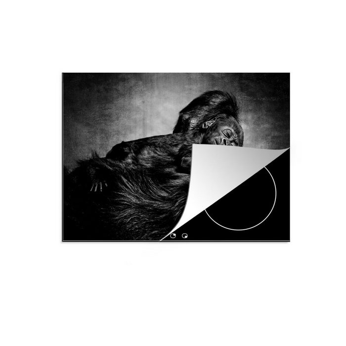 MuchoWow Herdblende-/Abdeckplatte Illustration Gorilla mit neugeborenem Jungen - schwarz und weiß Vinyl (1 tlg) Mobile Arbeitsfläche nutzbar Ceranfeldabdeckung